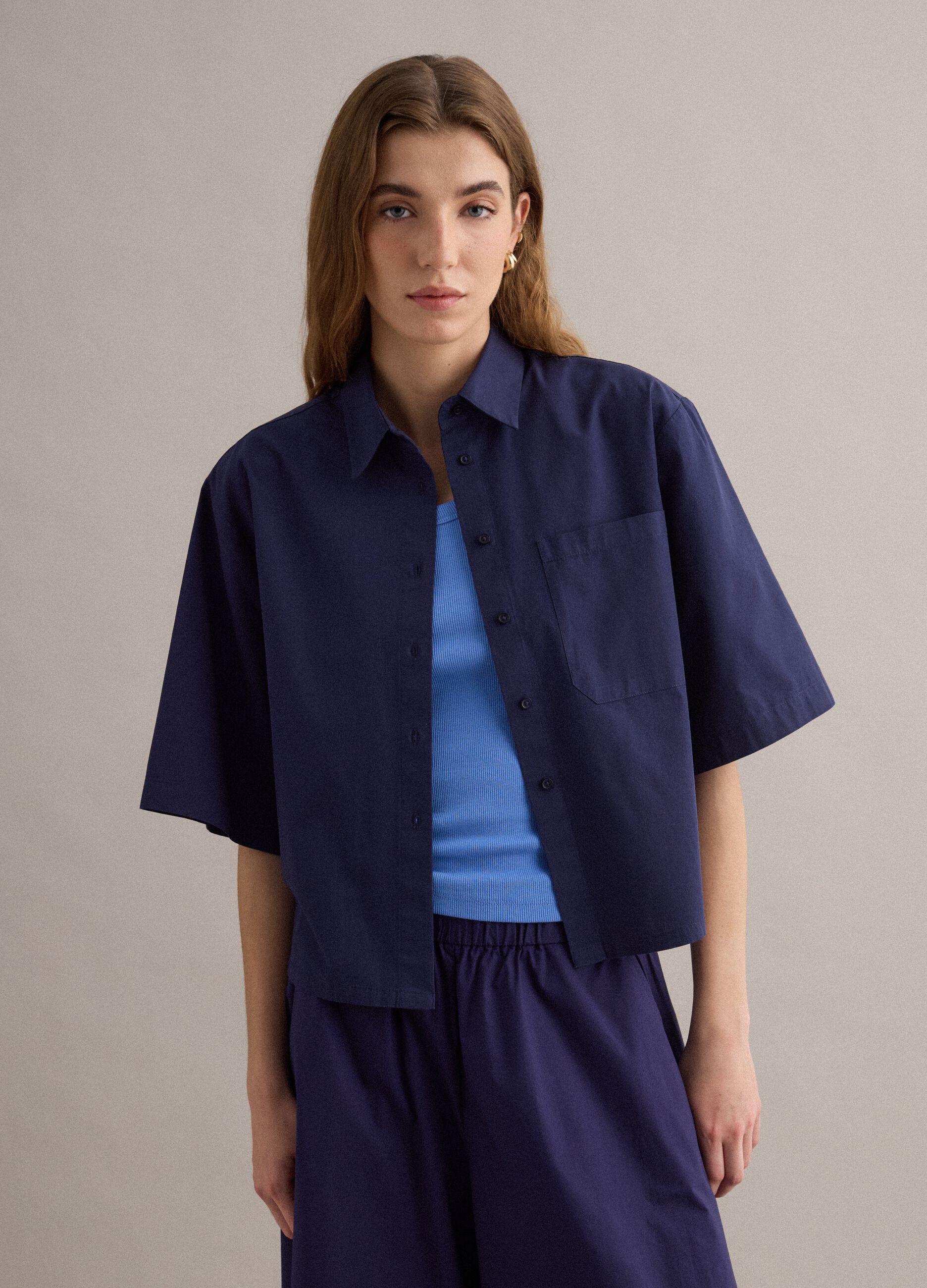 Blue pure cotton shirt with patch pocket, oversized fit