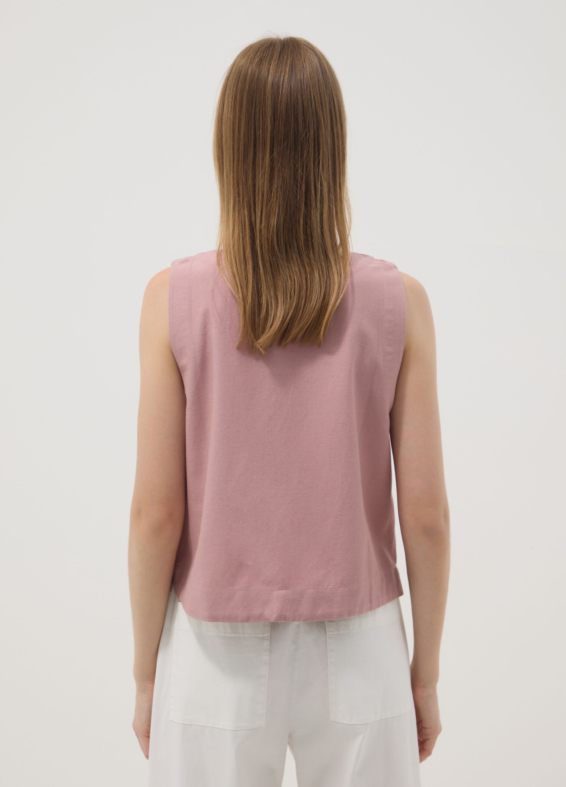 Pink top in viscose, cotton and linen blend, regular fit