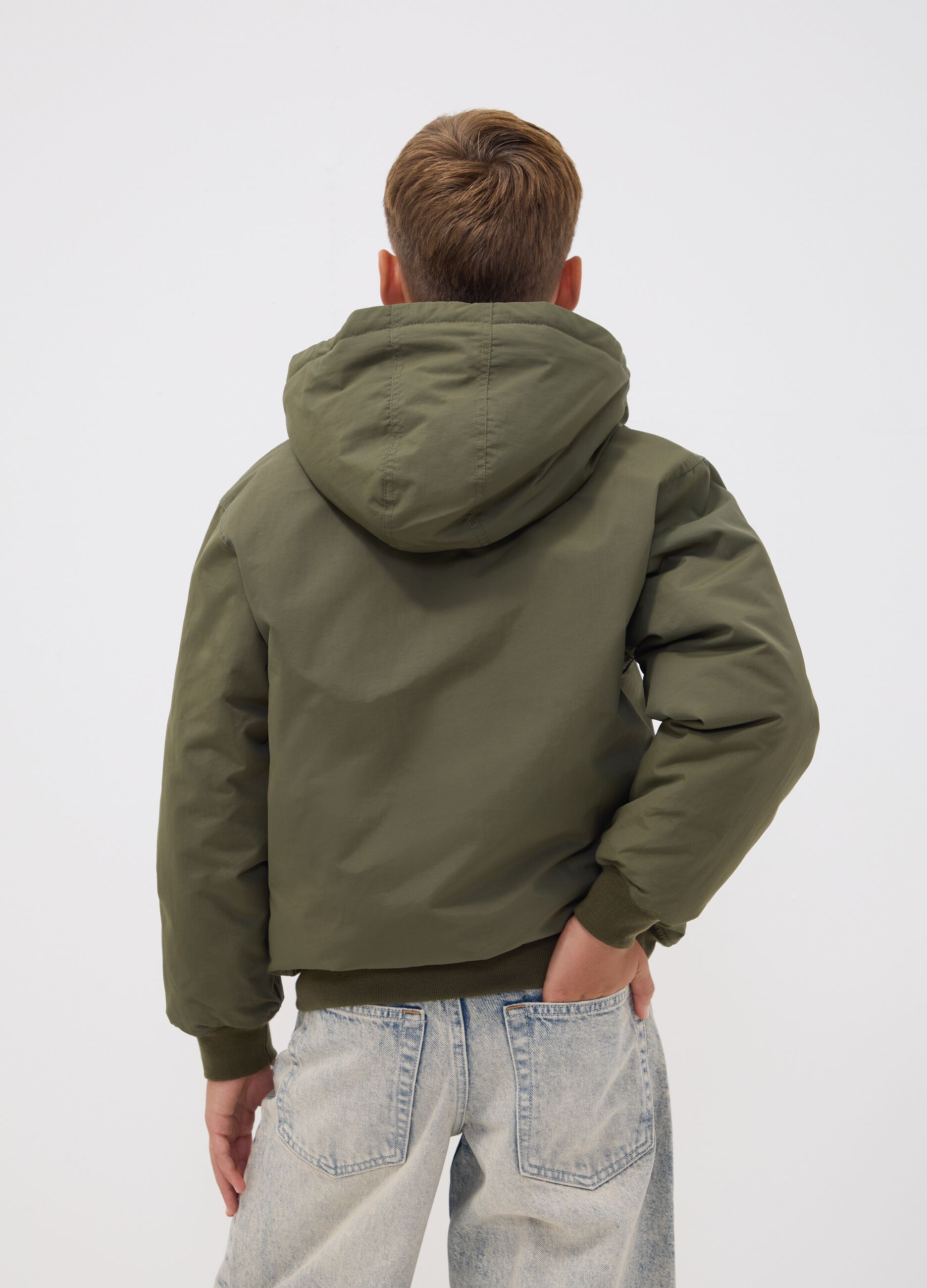 Green waterproof hooded bomber jacket with zip for boys