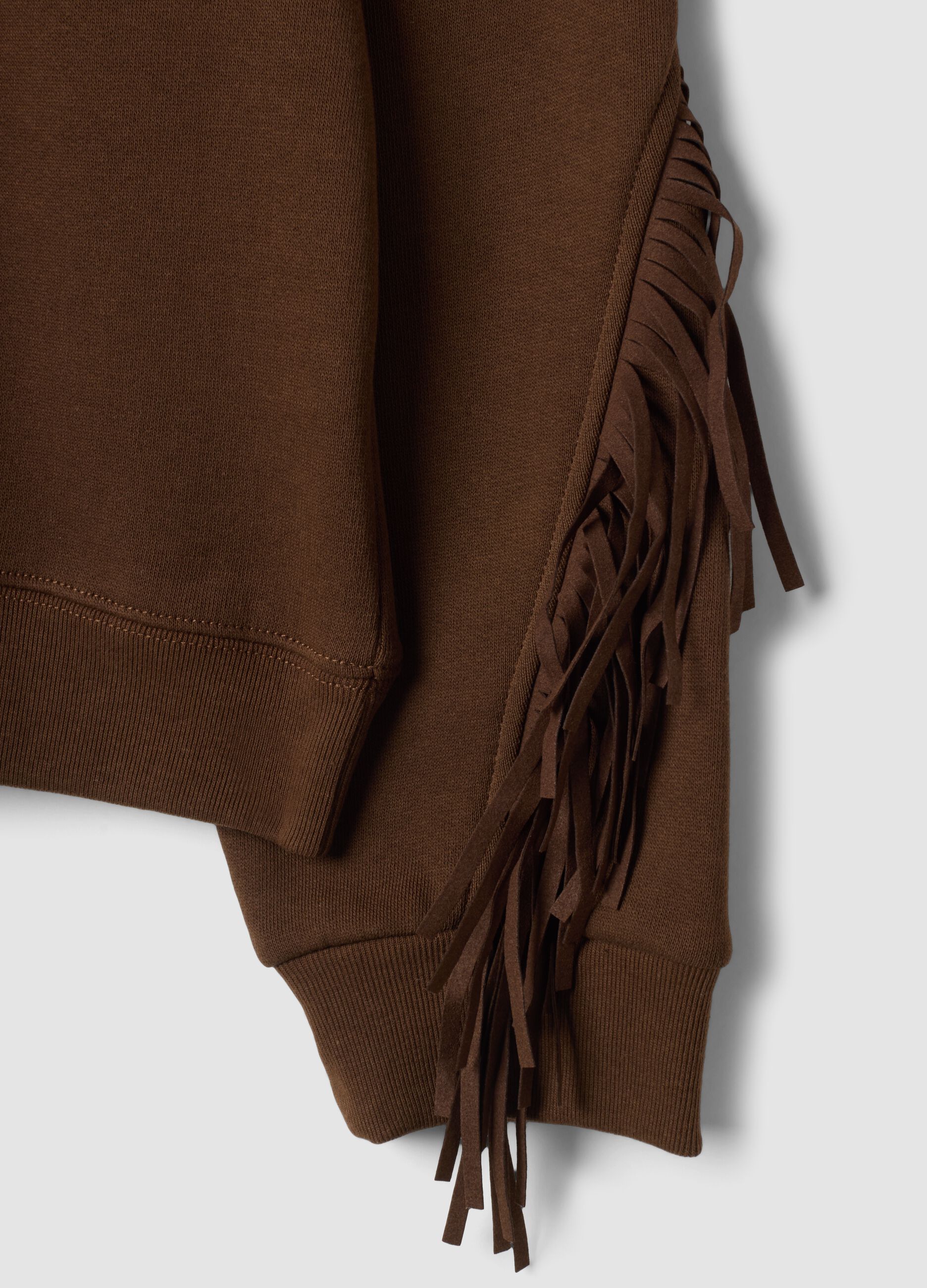 Brown cotton-blend crew-neck sweatshirt with fringes, regular fit
