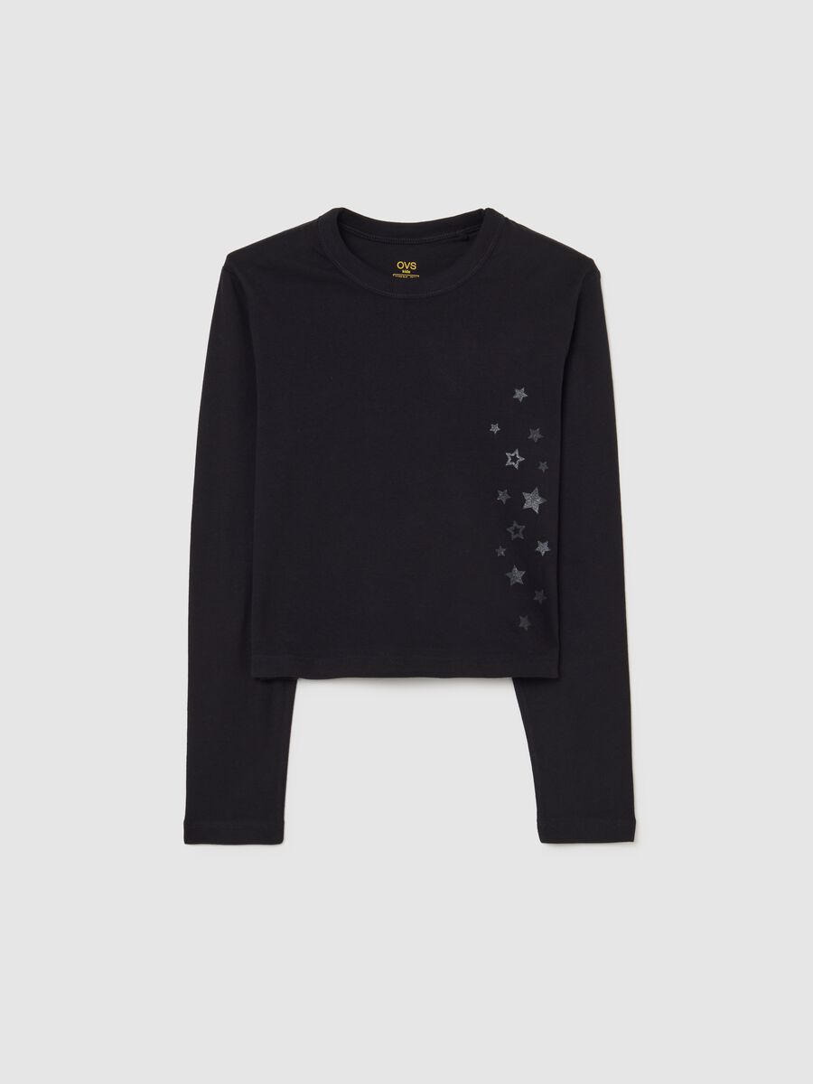 Maglietta nera da ragazza in puro cotone regular fit con stampa stelle_3