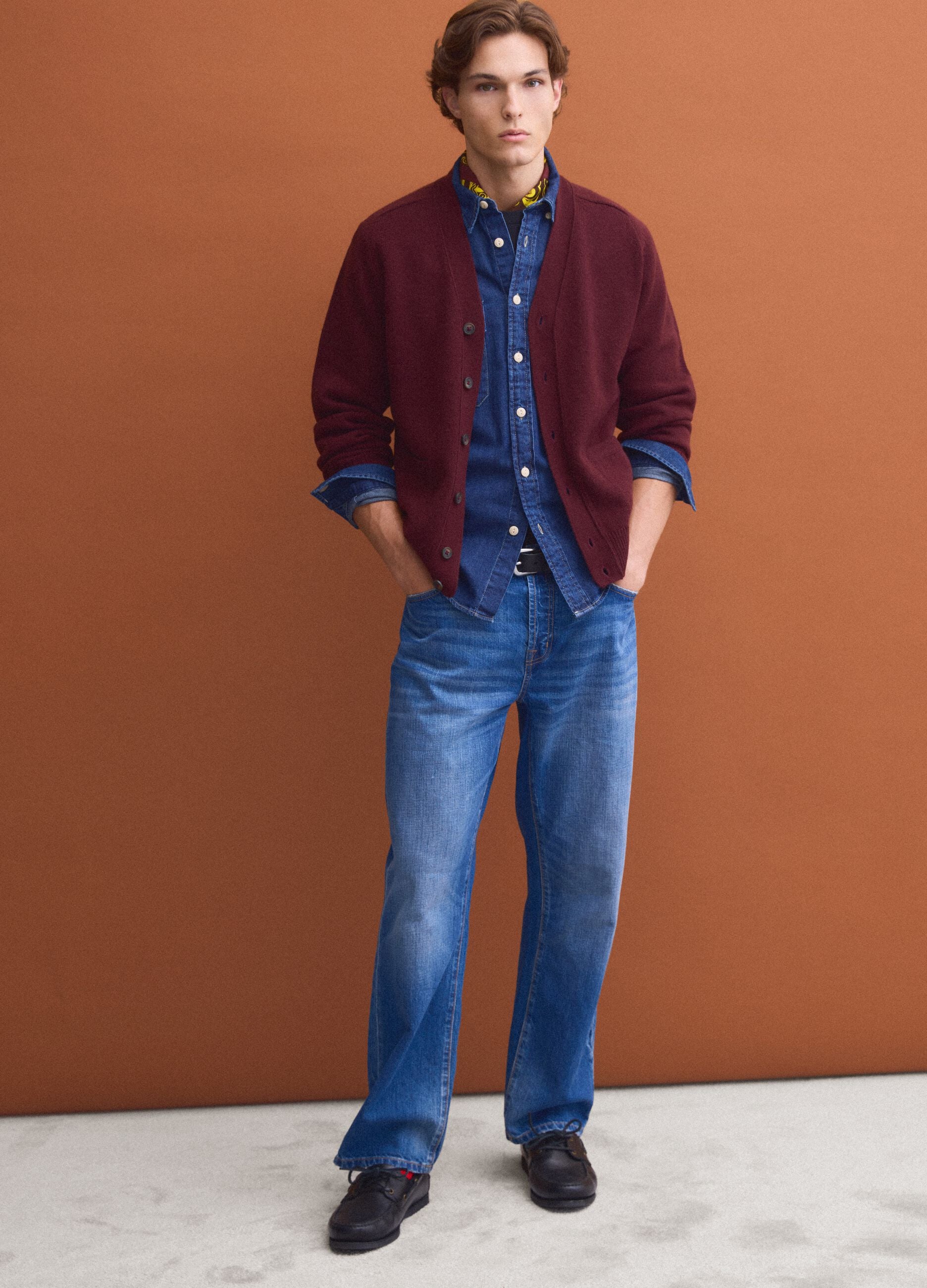 Red wool-blend cardigan with deep V-neck