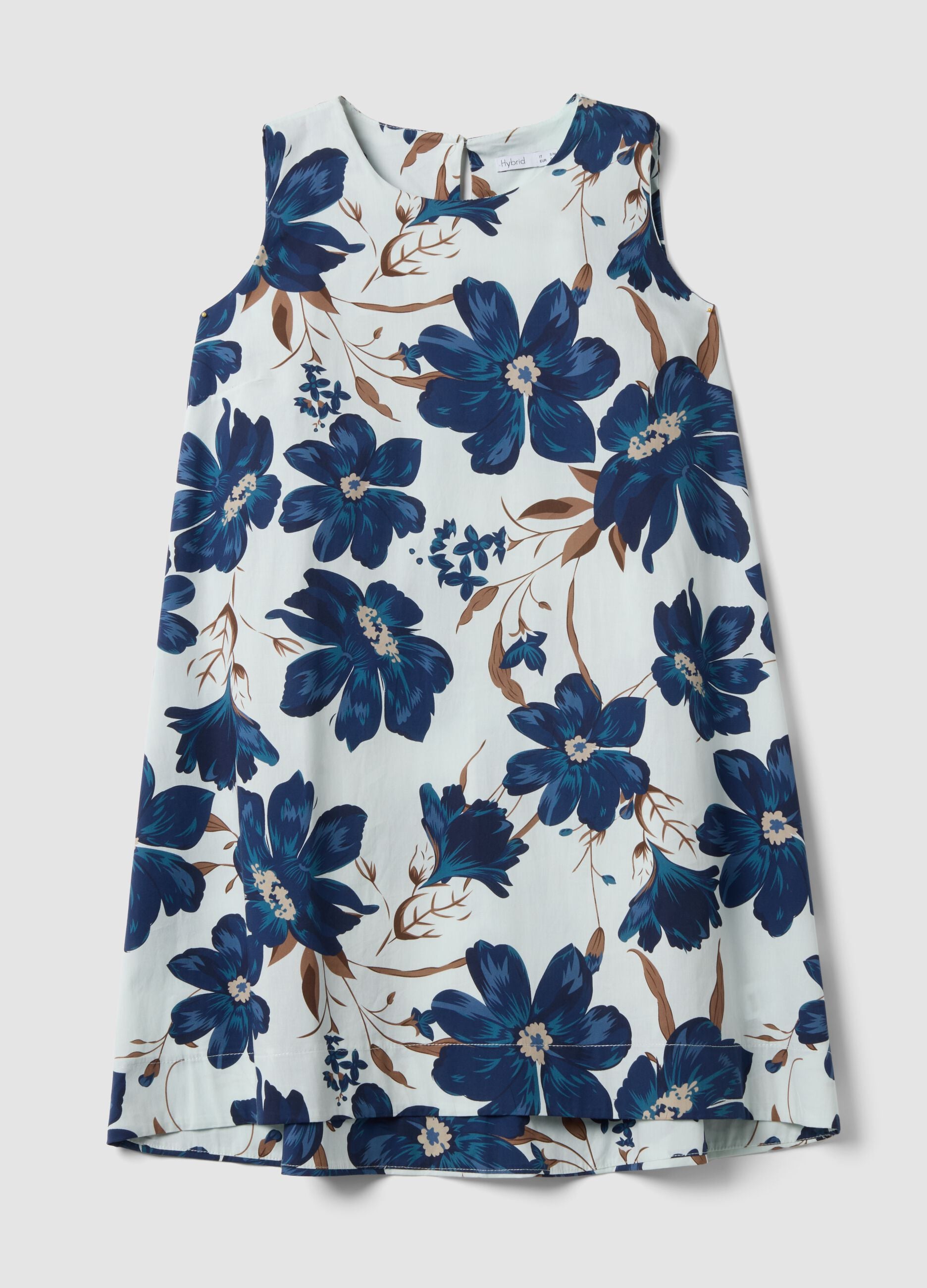 White stretch cotton dress with floral print, regular fit