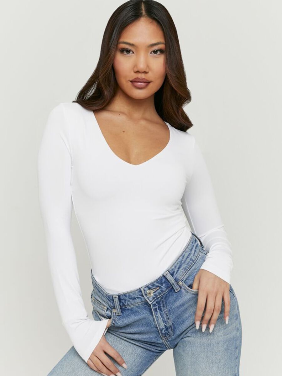 T-shirt bianca deep V a maniche lunghe in puro cotone regular fit_0