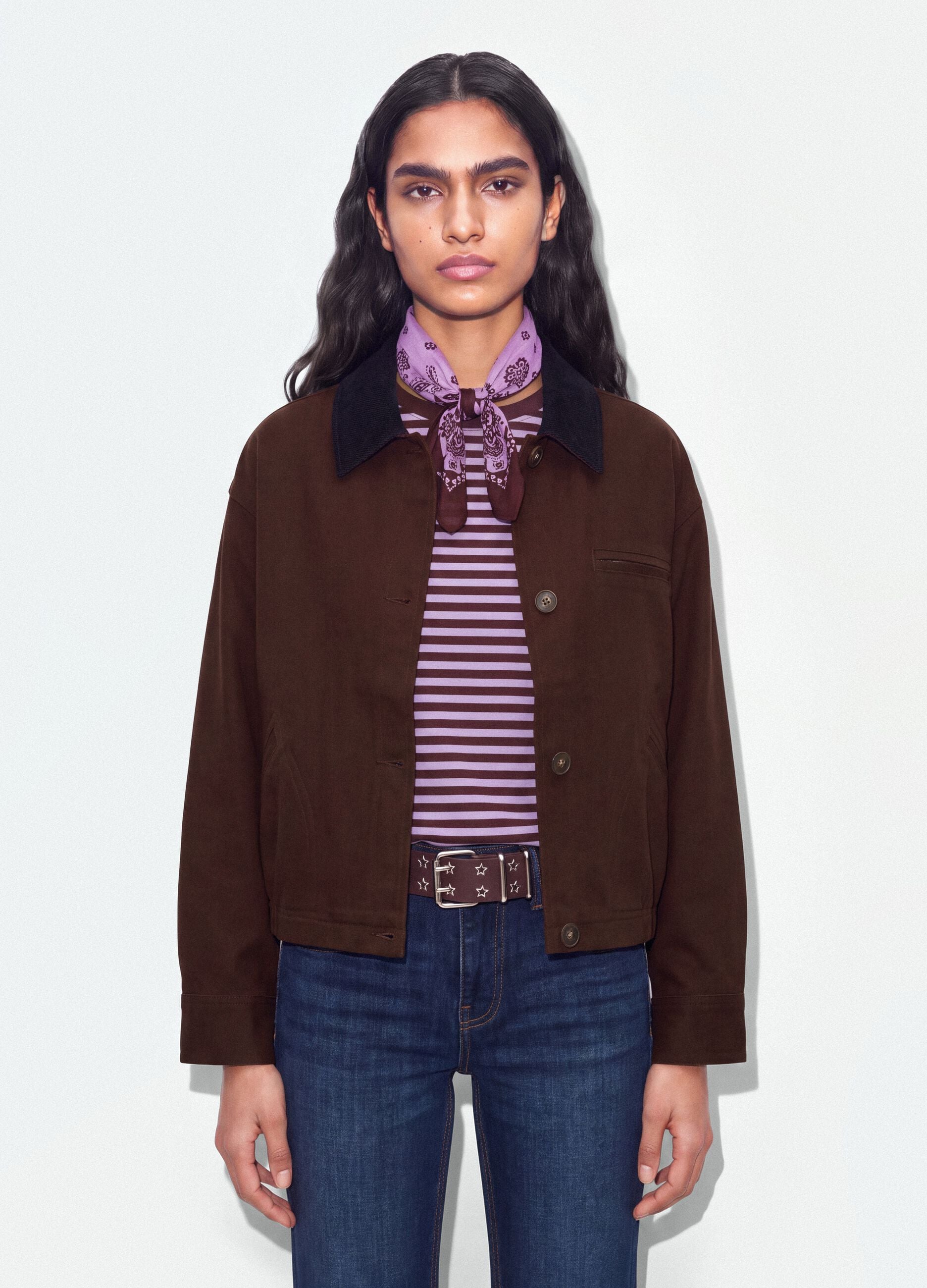 Bomber marrone in puro cotone con colletto a contrasto regular fit