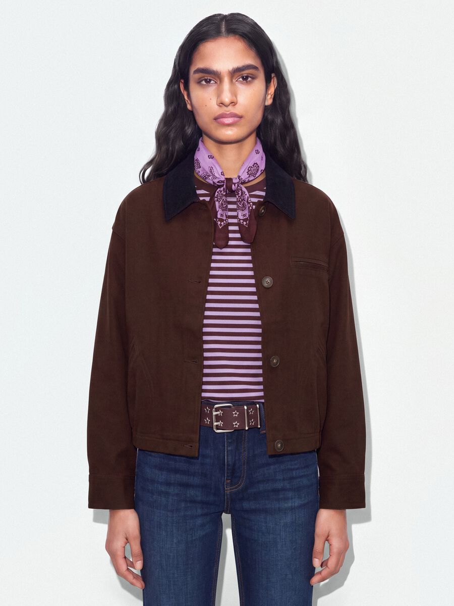Bomber marrone in puro cotone con colletto a contrasto regular fit_0