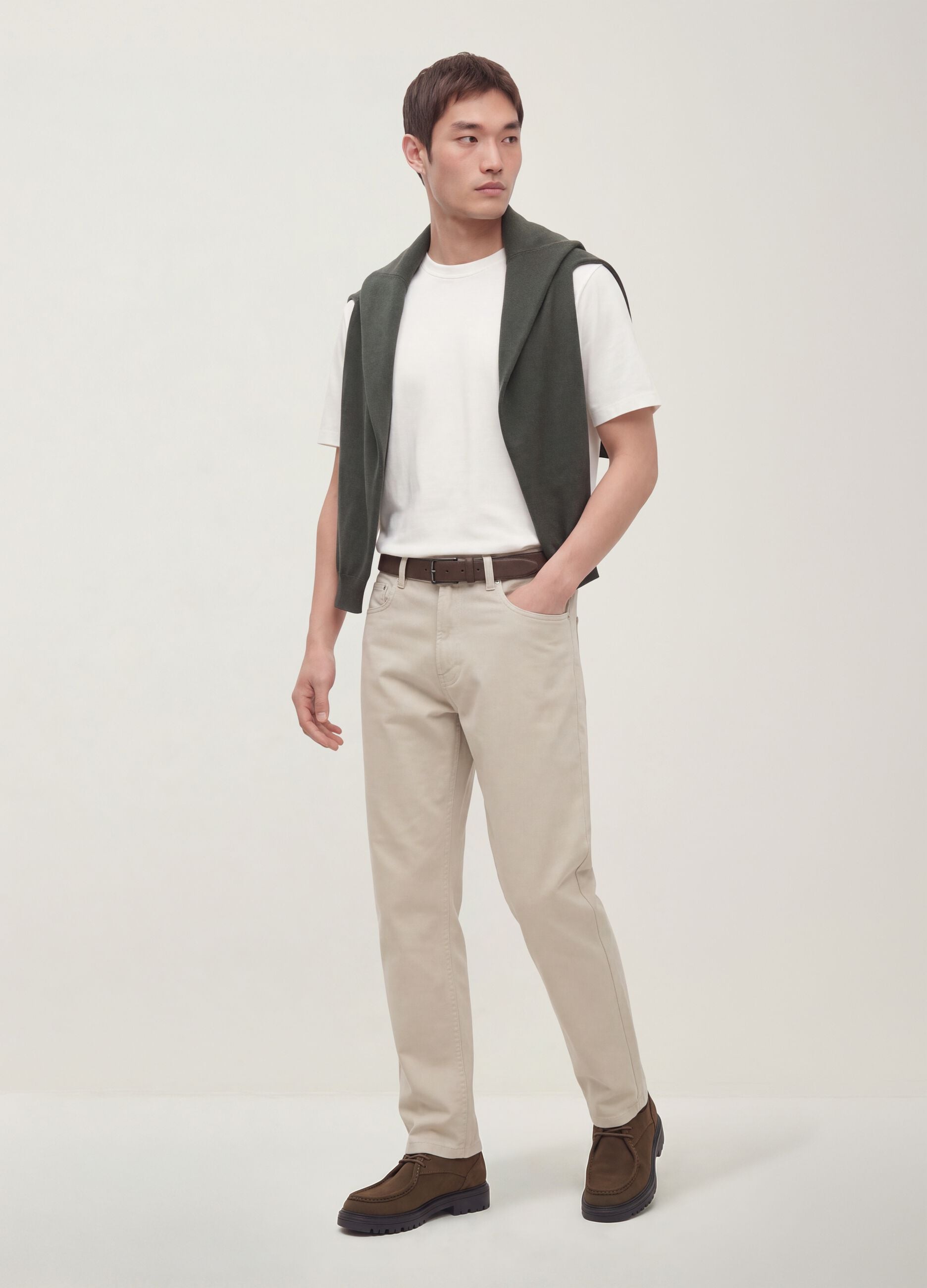 Pantaloni straight grigi in twill di cotone elasticizzato