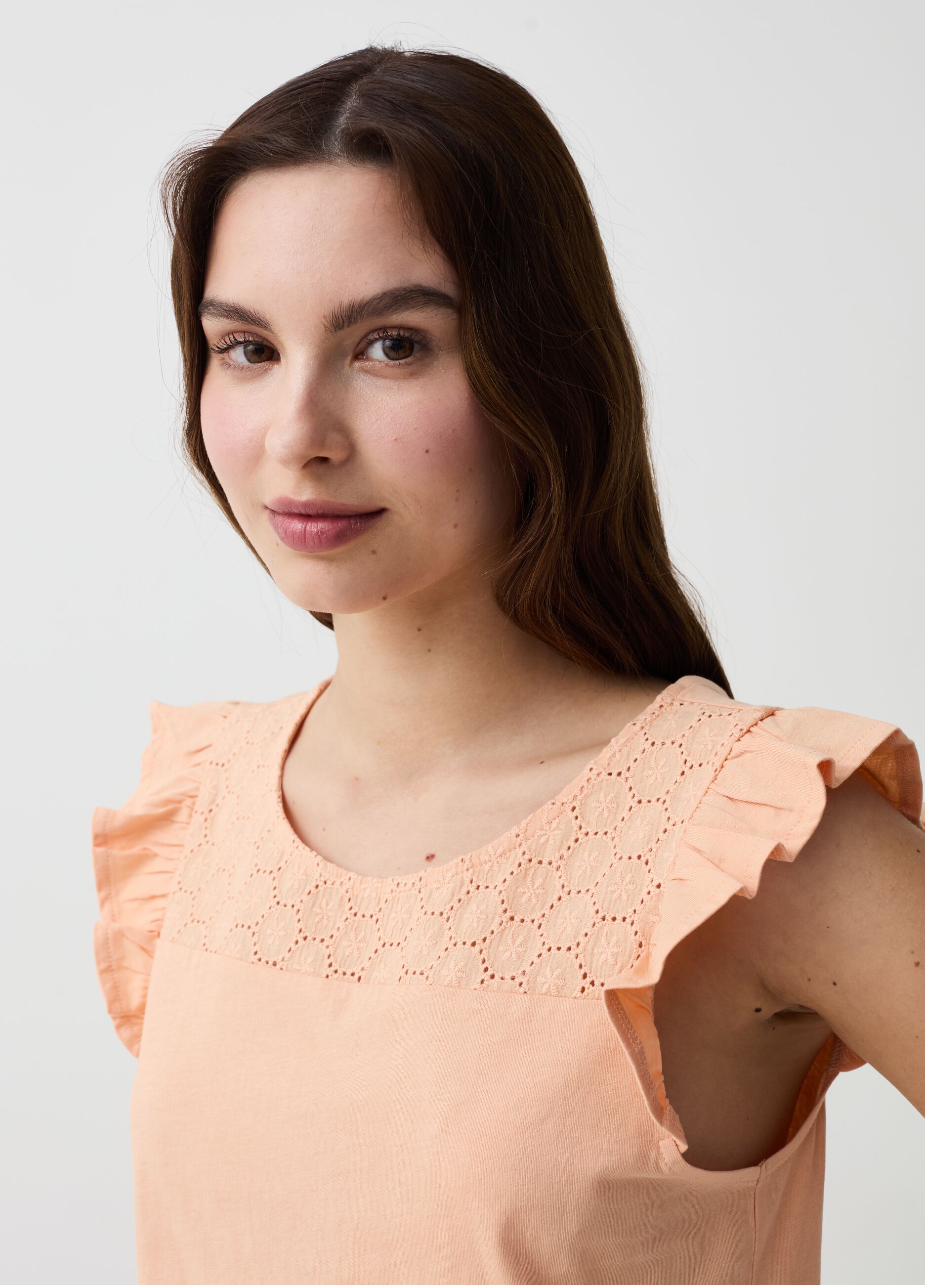 T-shirt with broderie anglaise insert and flounce
