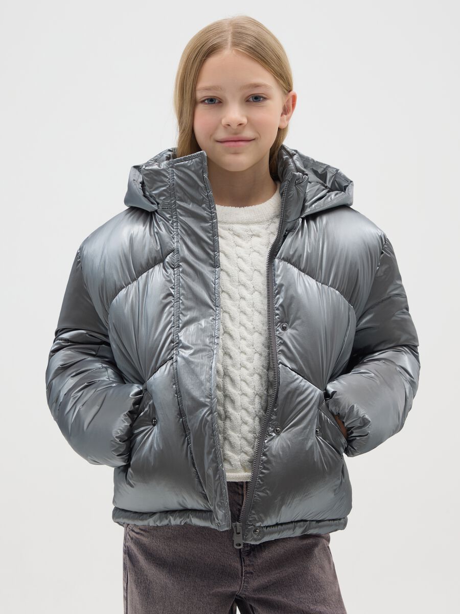 Grey padded regular fit girl's jacket with hood and zip_0
