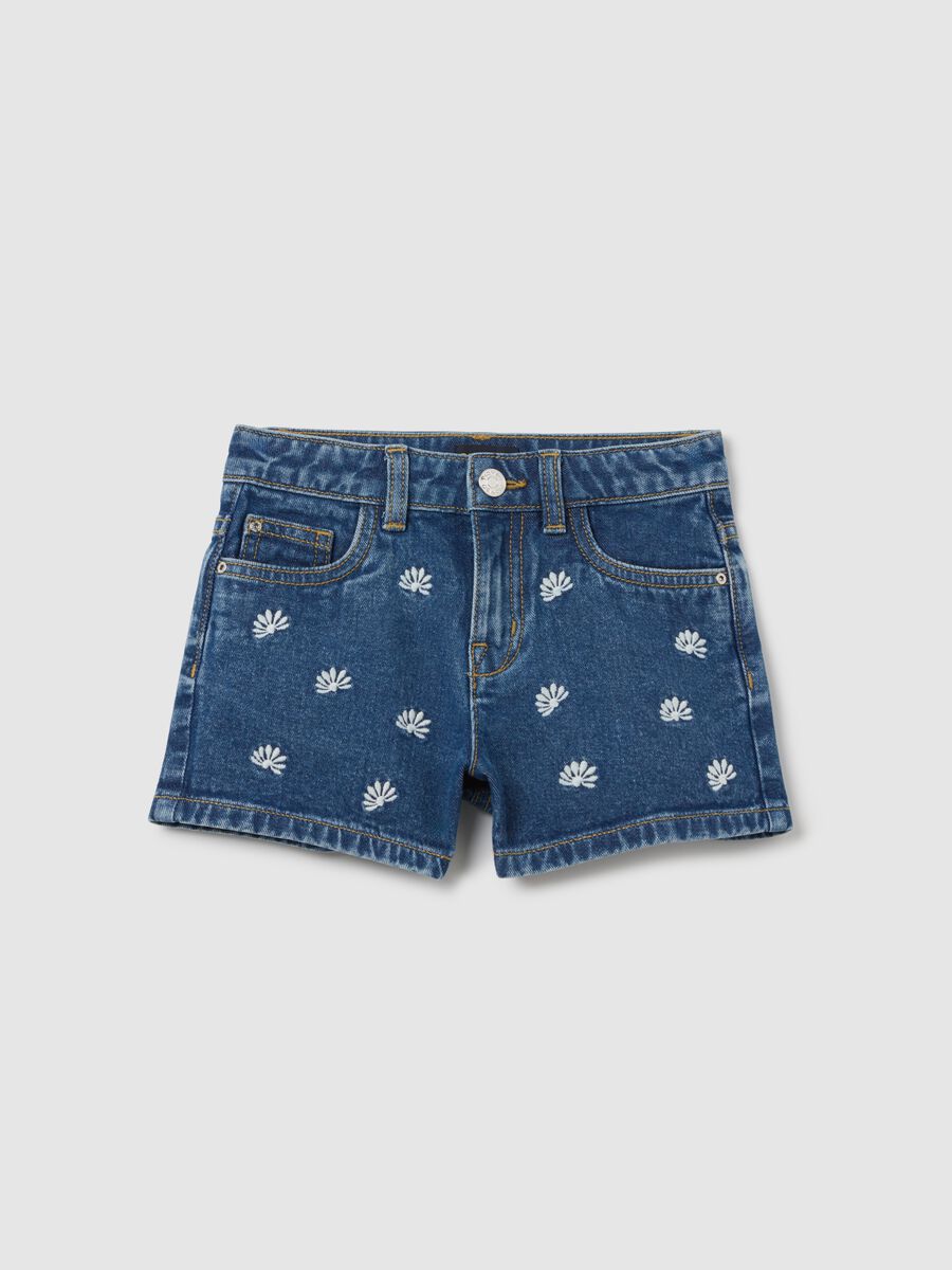 Blue Denim Shorts with Floral Embroidery Piombo Kids_0