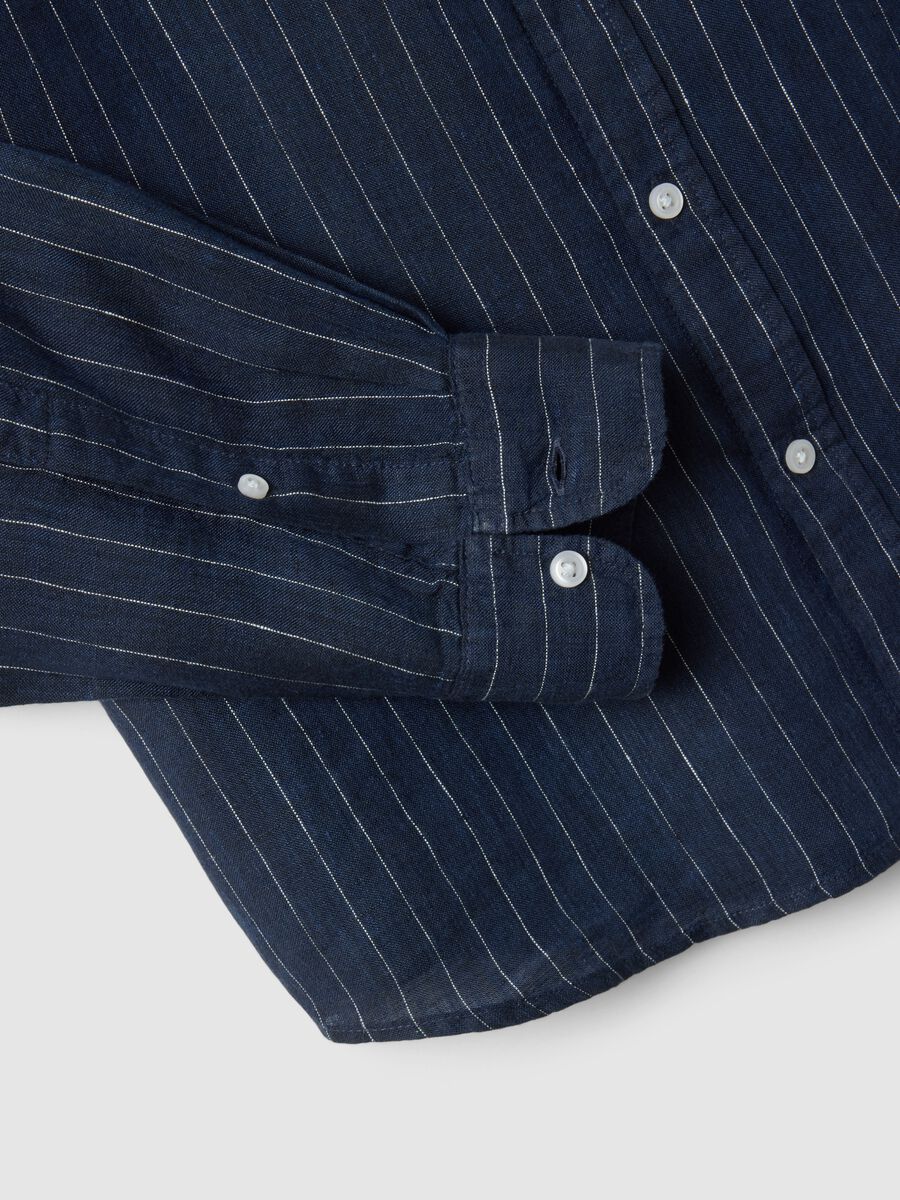 Blue stripe regular fit pure linen shirt_5