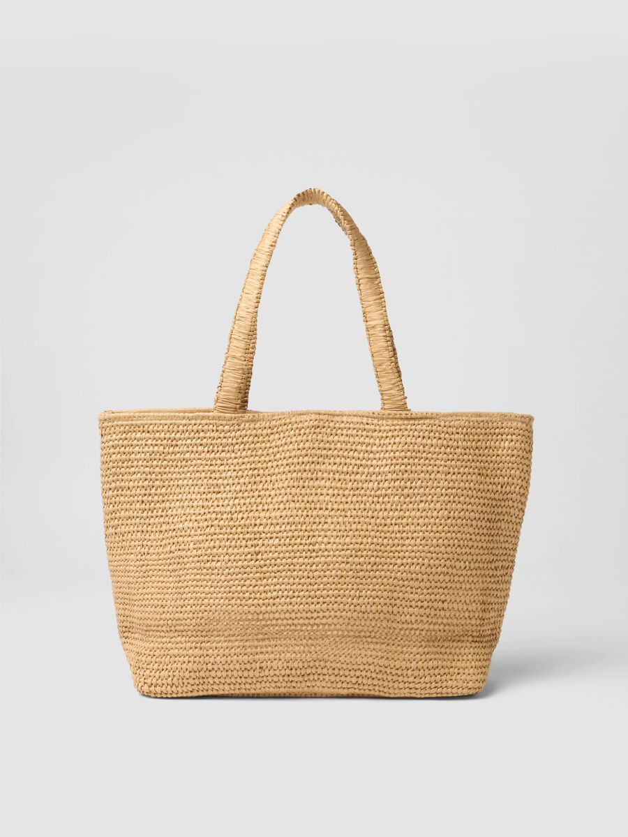 Borsa da spiaggia in misto cotone e tessuto carta beige con perline_1