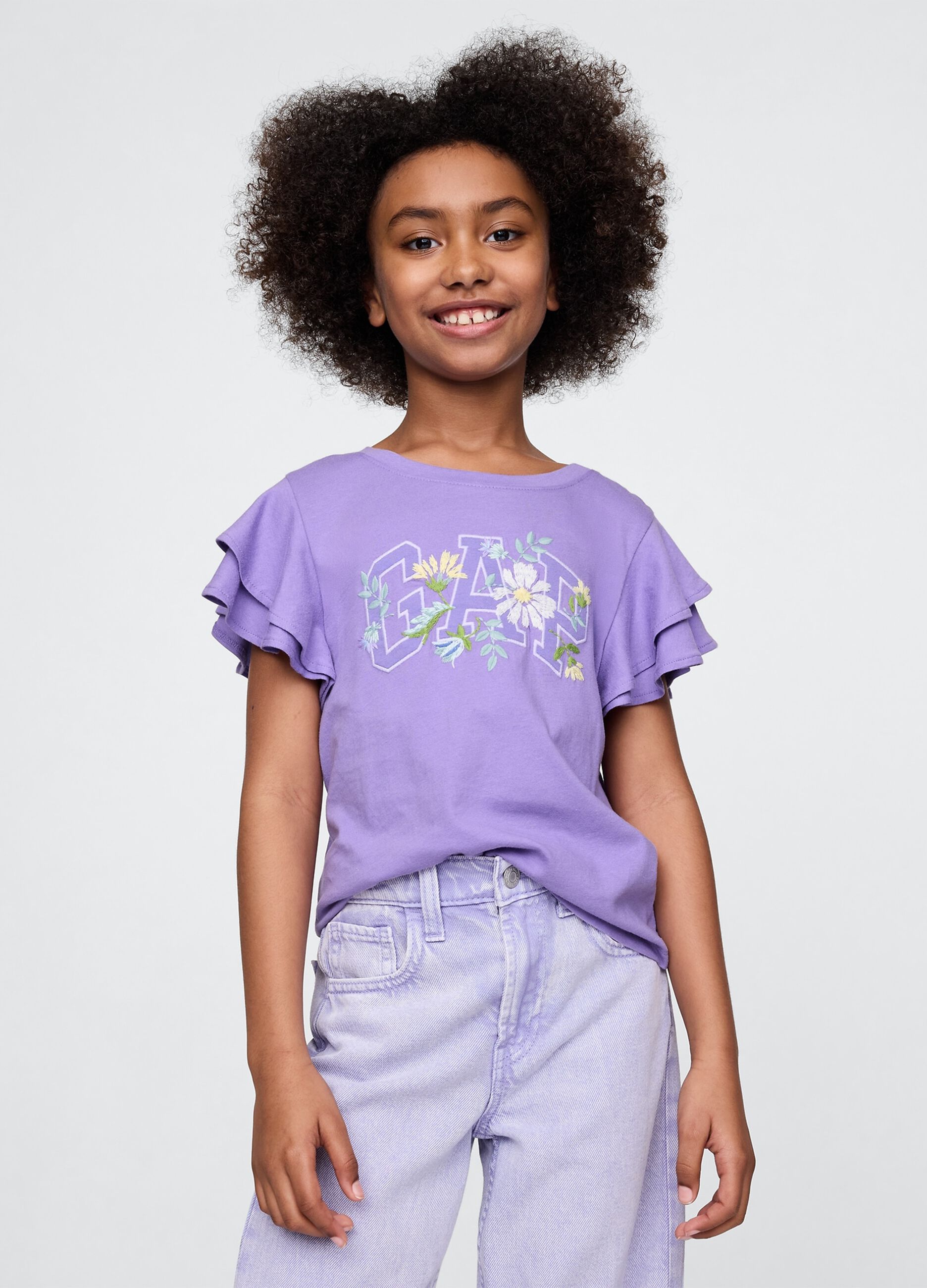 Purple short sleeve T-shirt with ruffles and GAP logo