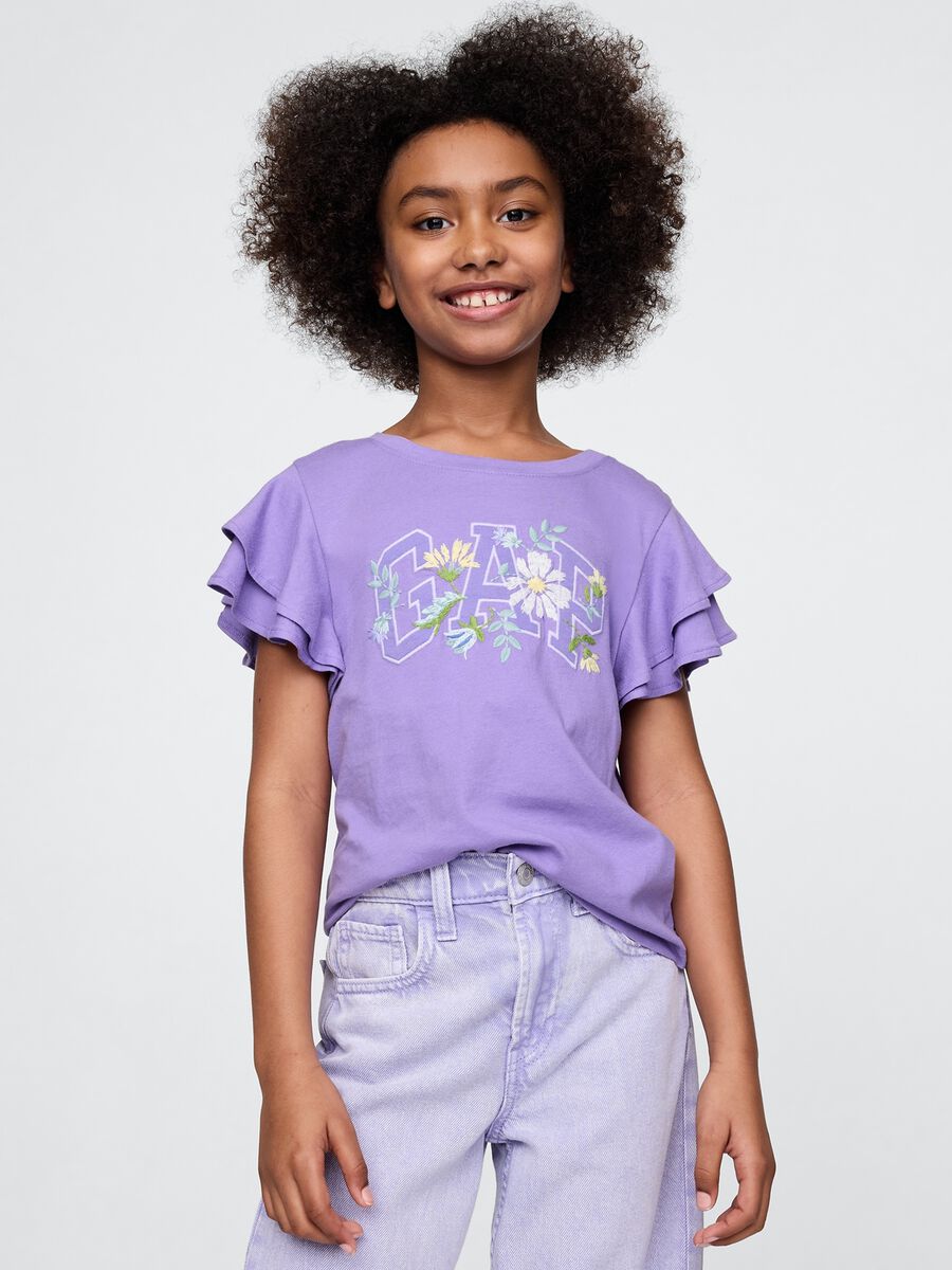 Purple short sleeve T-shirt with ruffles and GAP logo_0