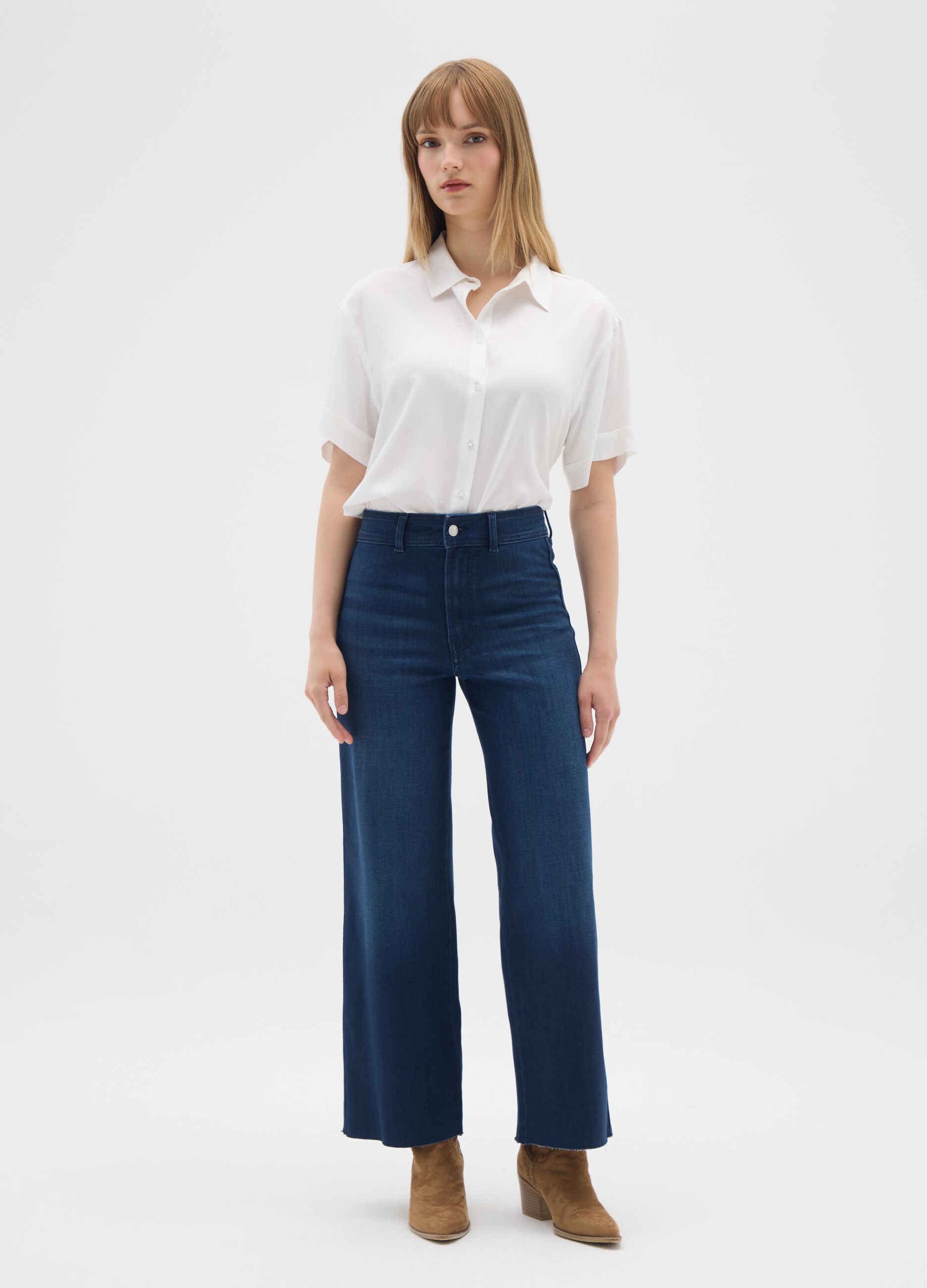 Blue Wide Leg Stretch Cotton Blend Jeans