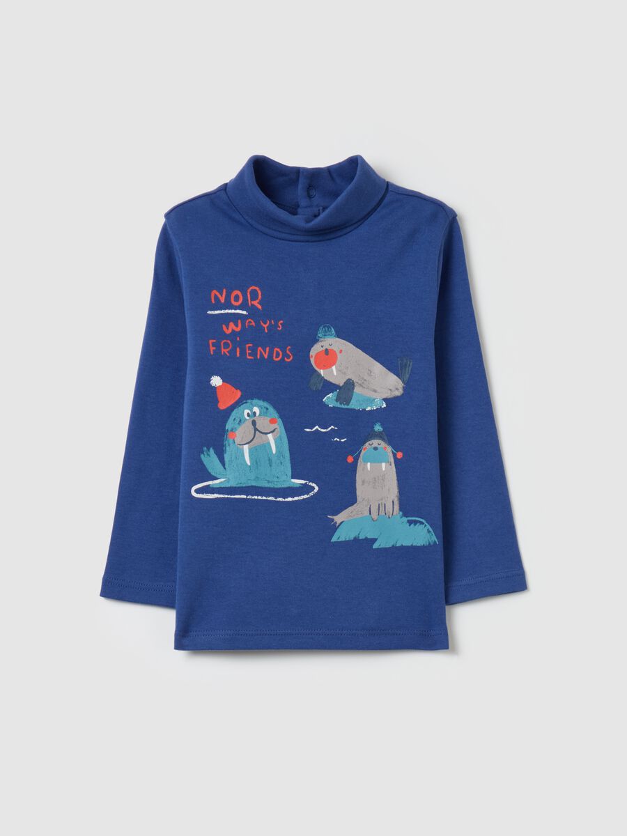 Cotton T-shirt with high neck and print_0