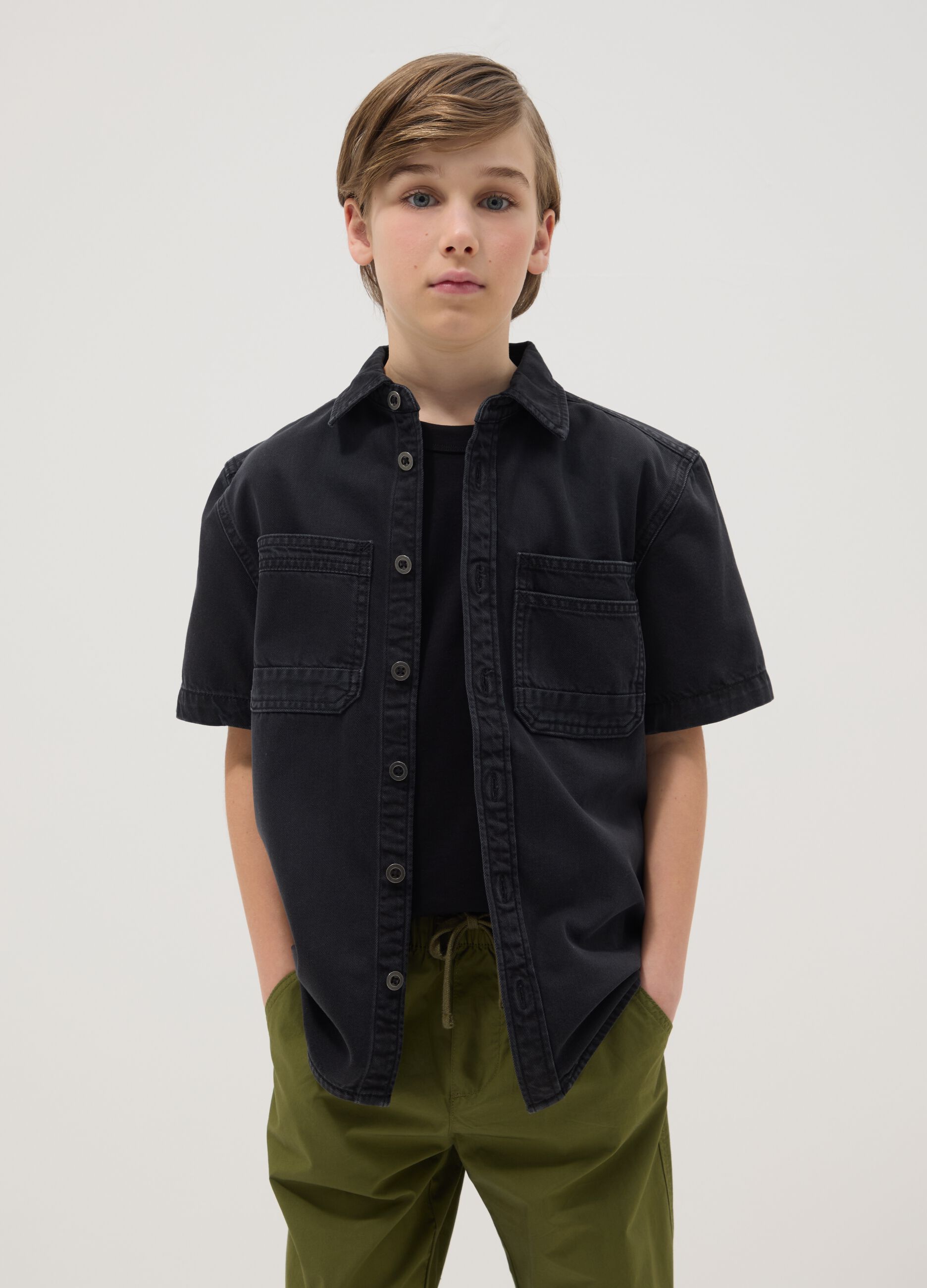 Black Short Sleeve Shirt in Pure Cotton