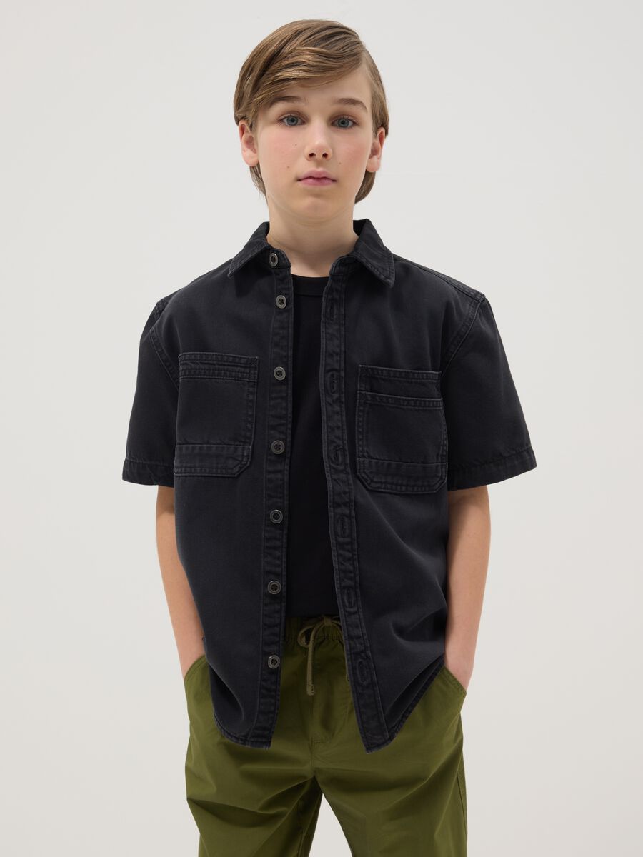 Black Short Sleeve Shirt in Pure Cotton_0