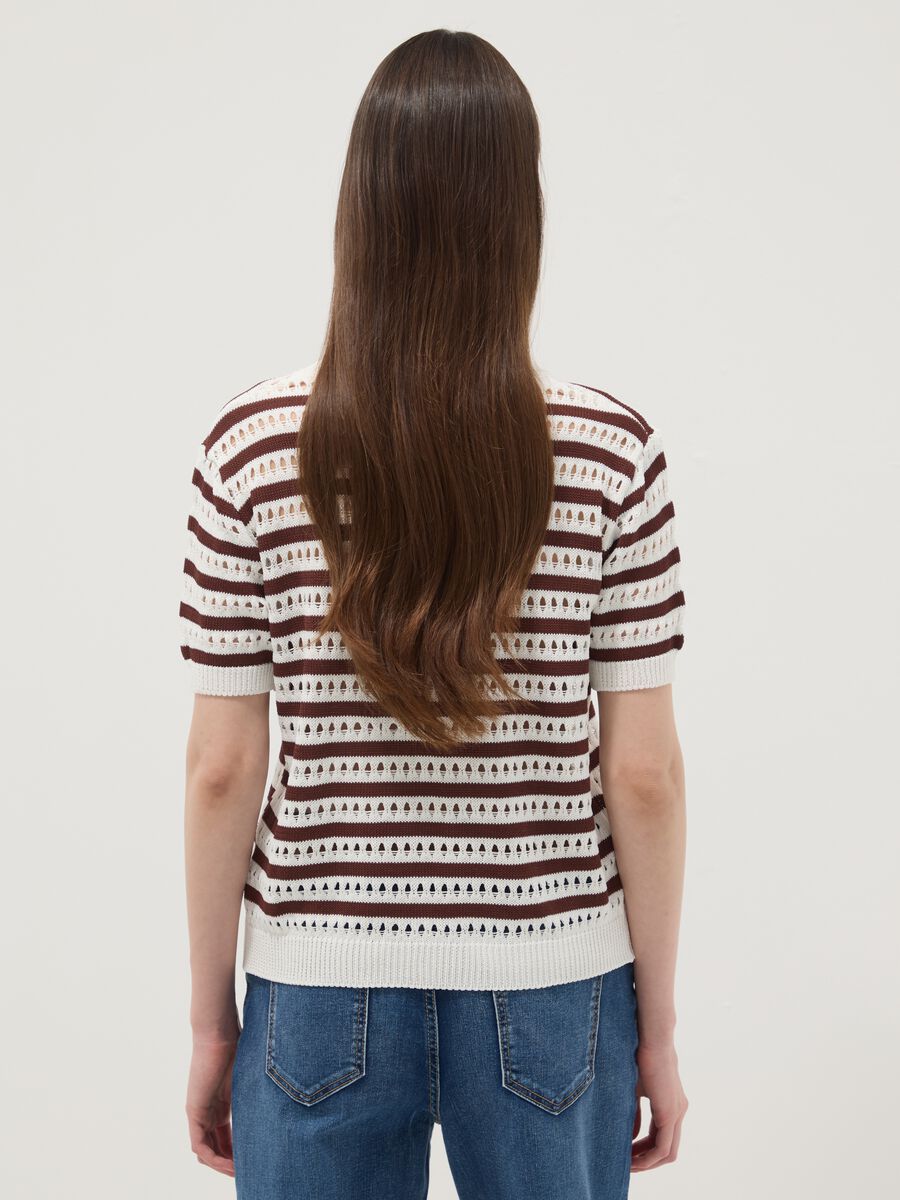 White and brown striped open-knit viscose-blend T-shirt, regular fit_4