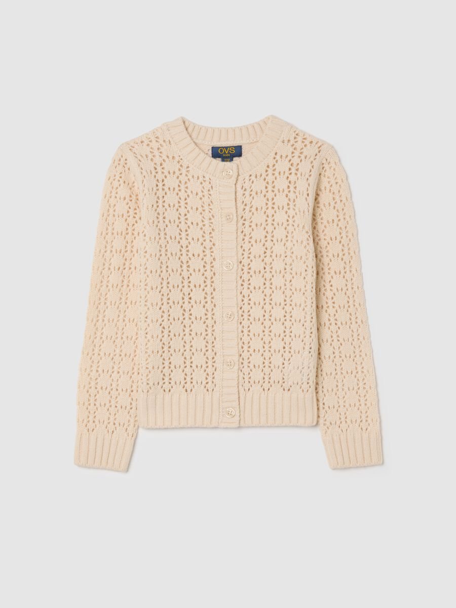 Cardigan beige lavorato a maglia per bambina_0