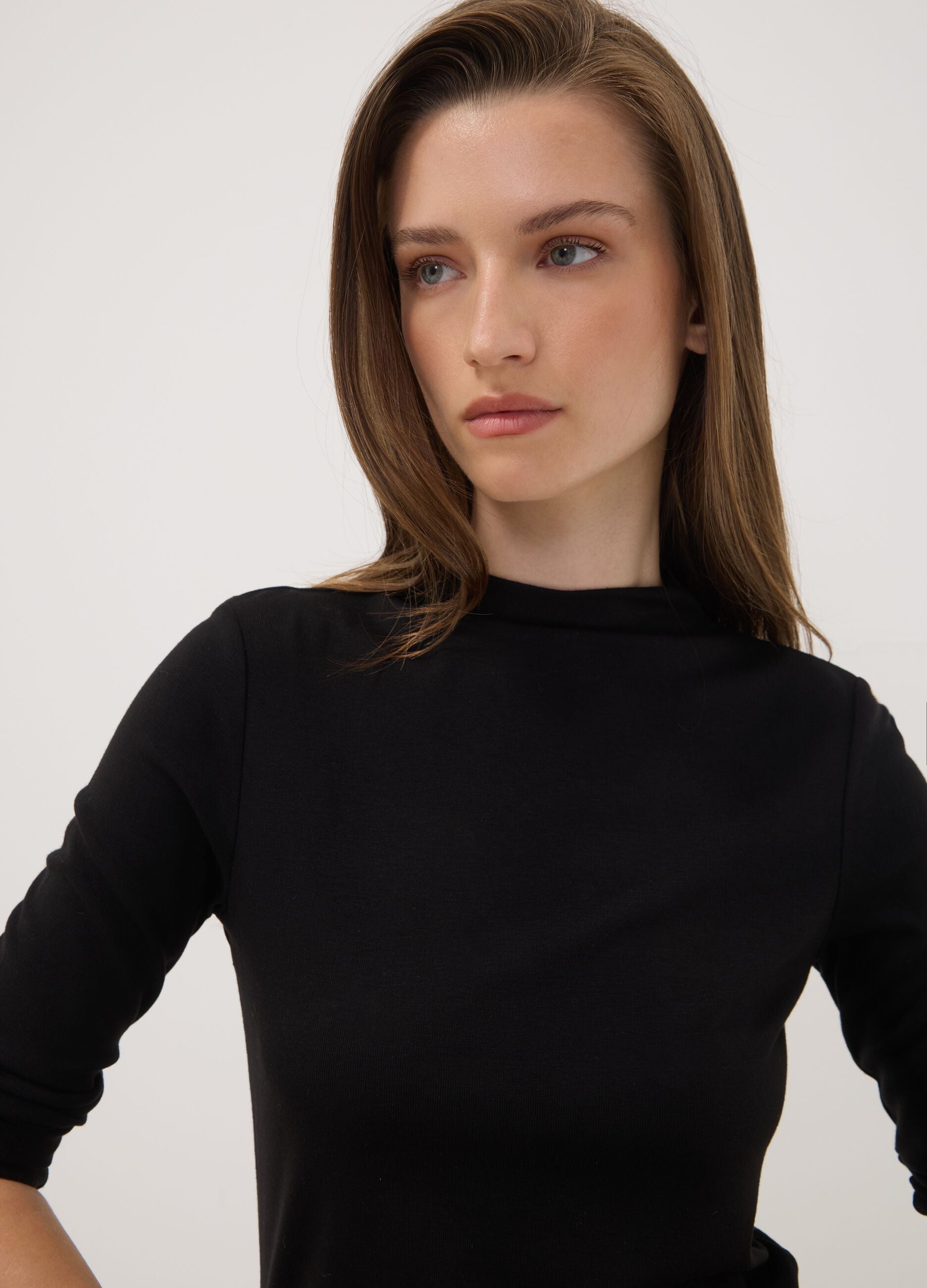 Black stretch viscose crew-neck T-shirt