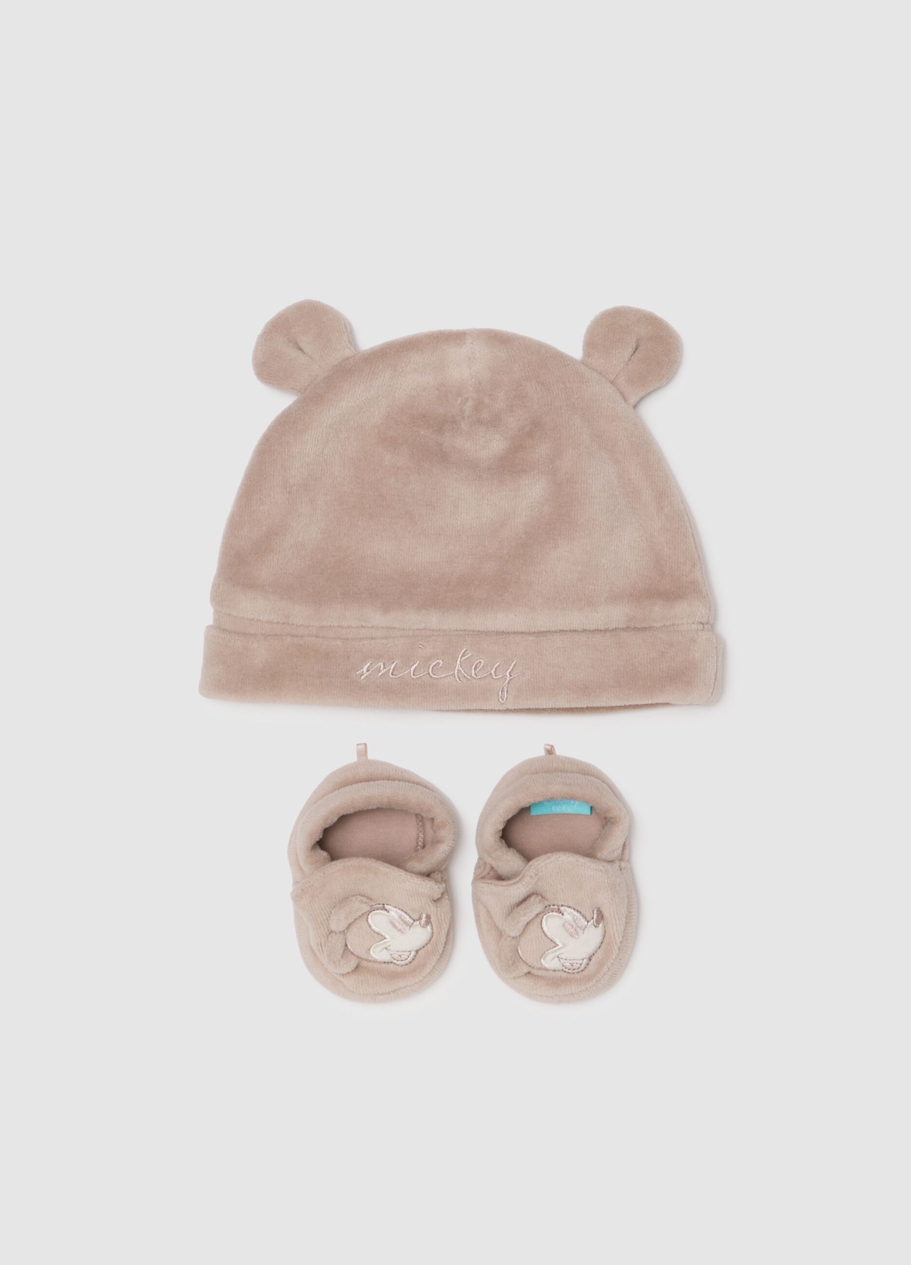 Beige Velour Hat and Booties for Newborn