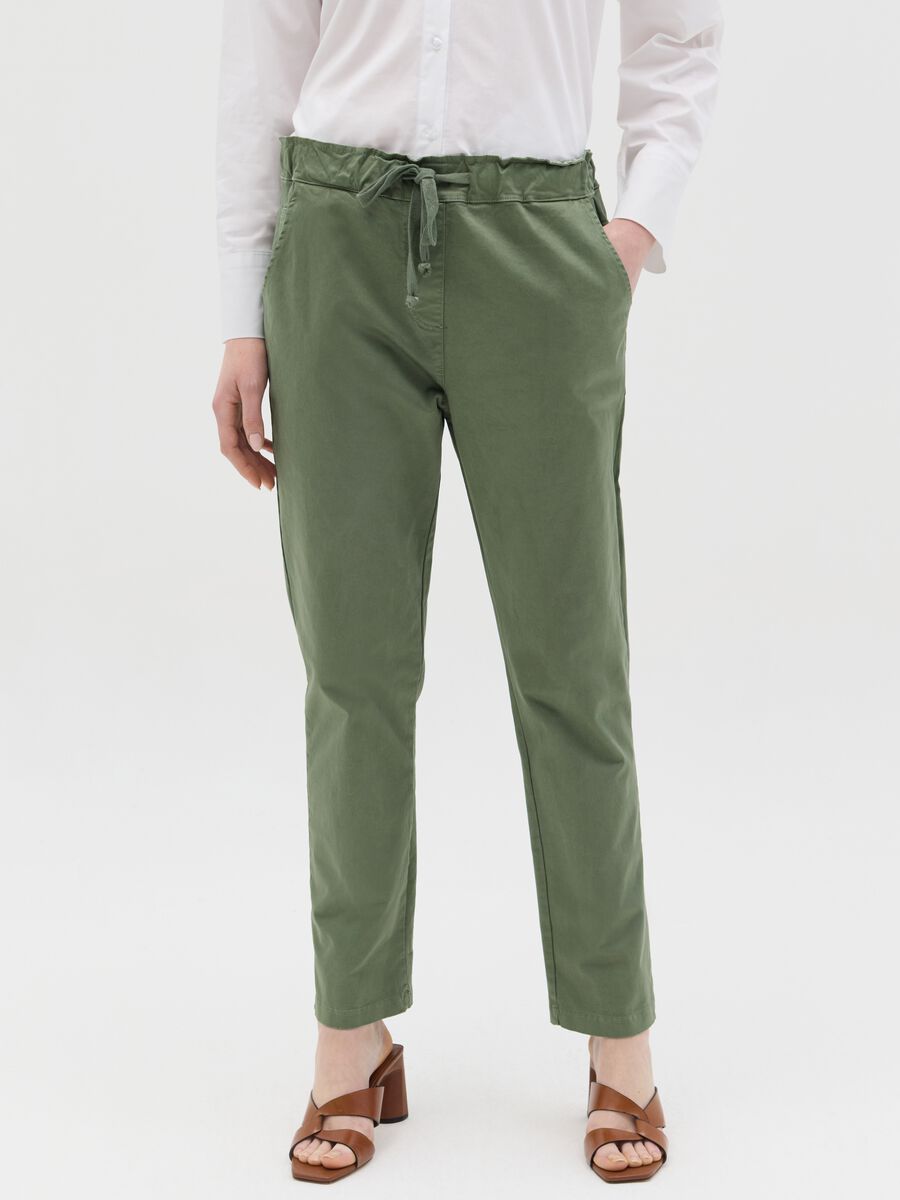 Green stretch cotton trousers with drawstring_1