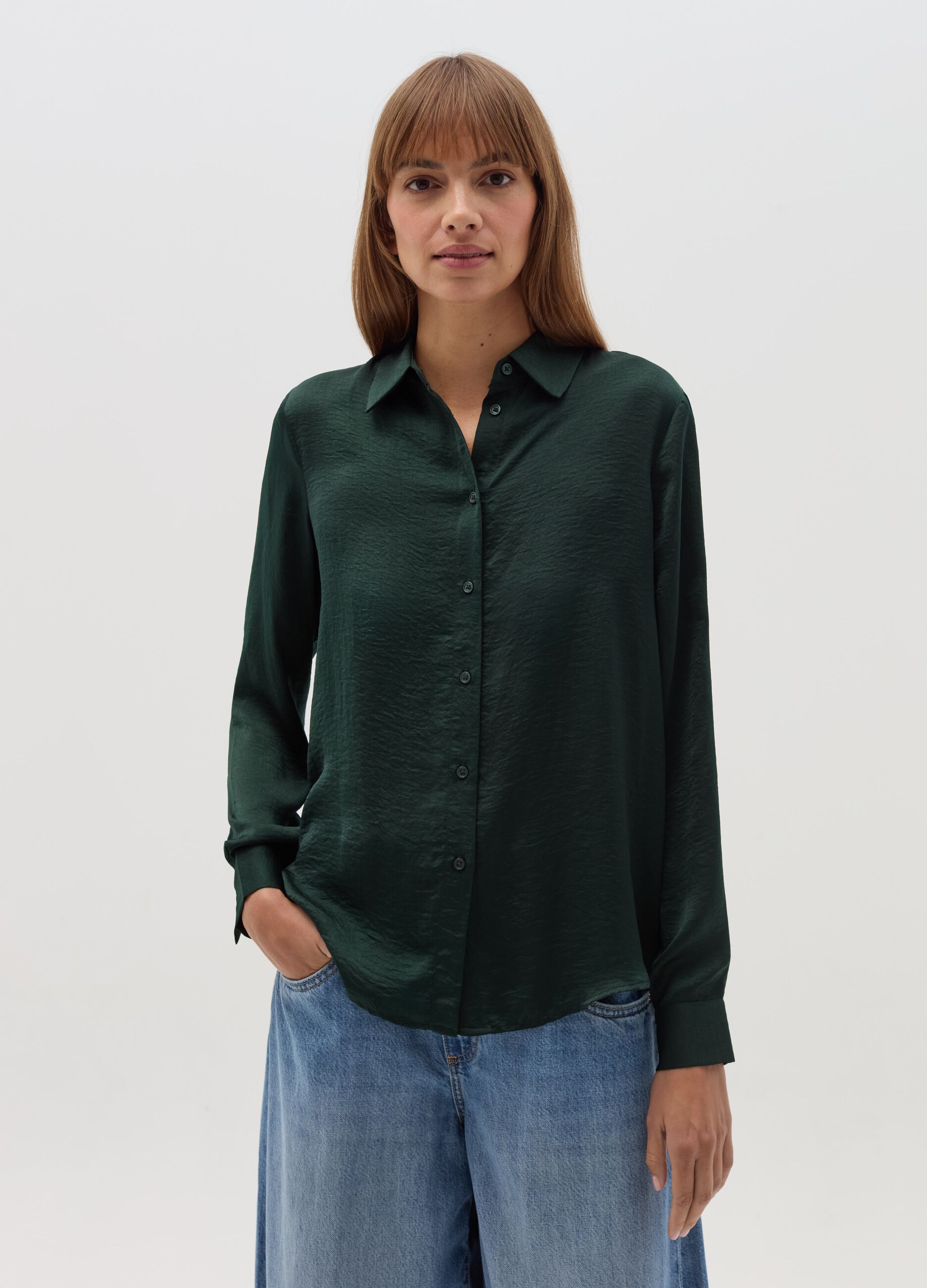 Camicia in satin tinta unita Verde bosco da Donna OVS
