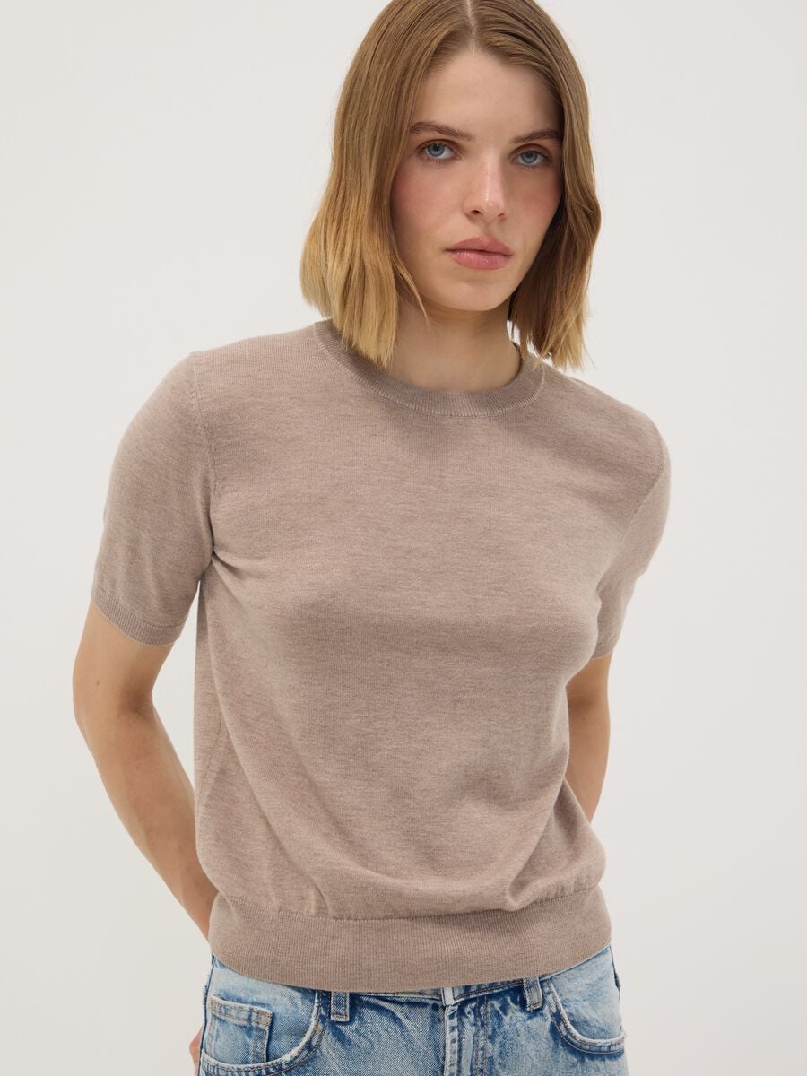 Maglia beige in misto lana a maniche corte girocollo regular fit_0