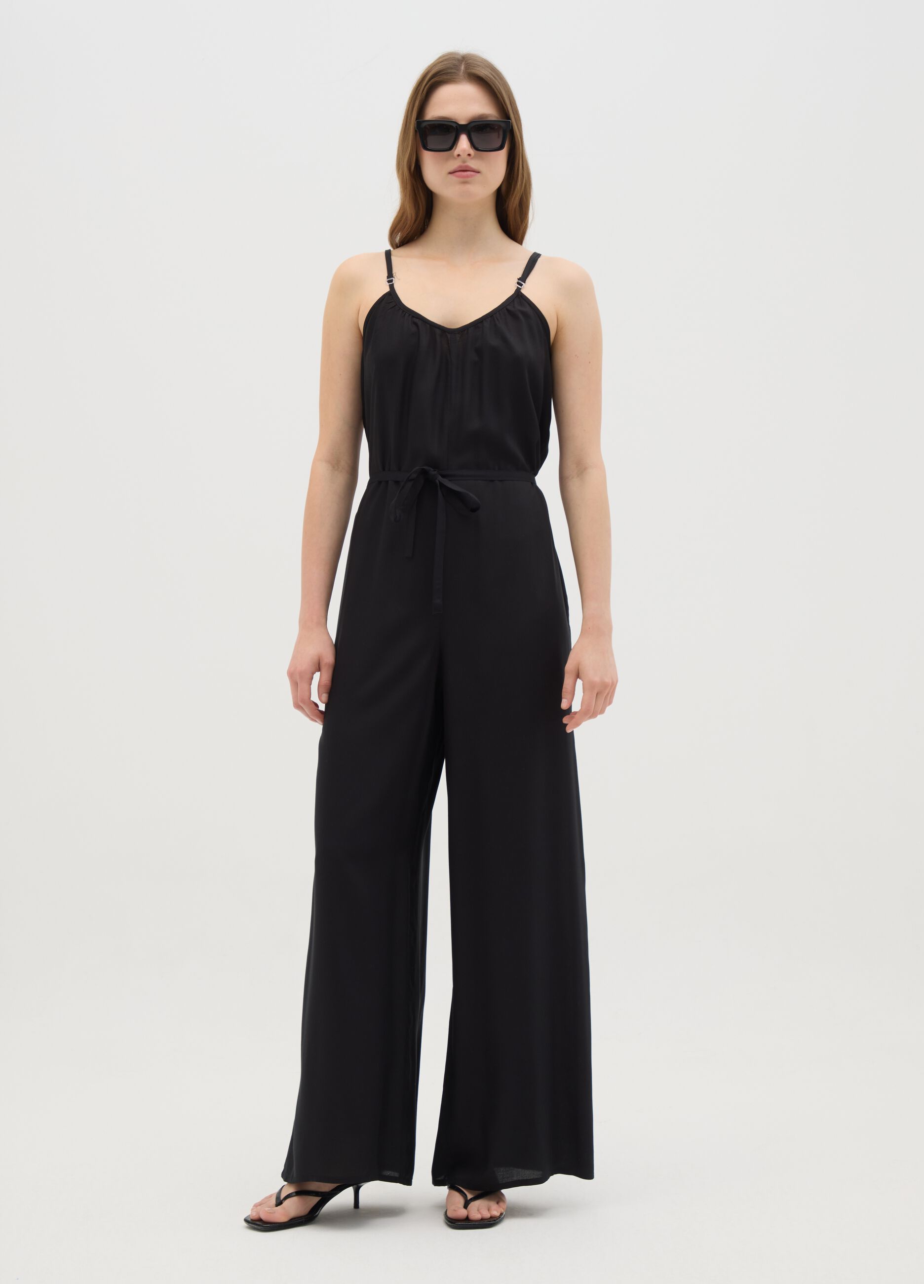 Women's jumpsuit in pure black viscose wide fit