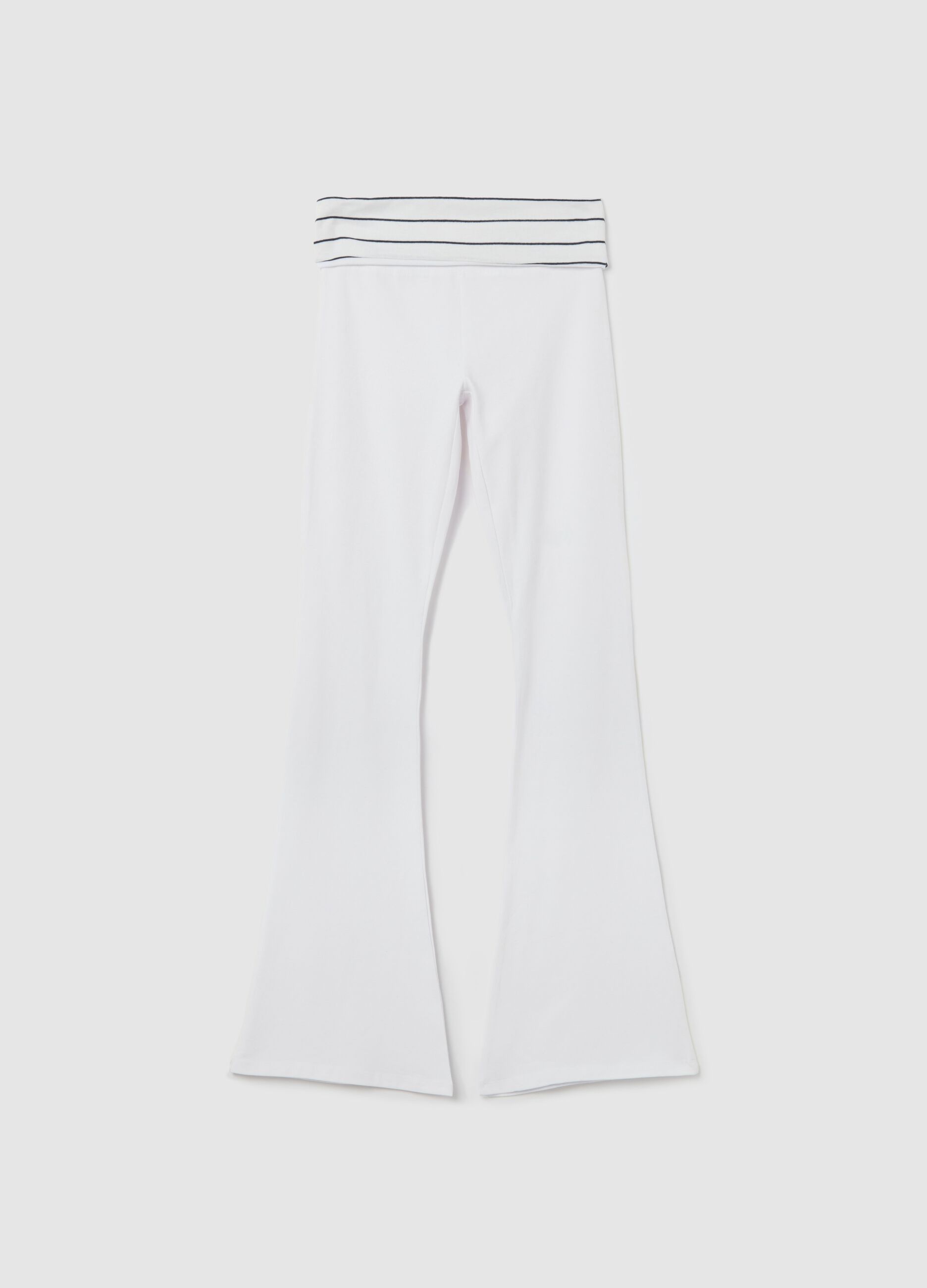 White flare-fit leggings with striped fold at the waist