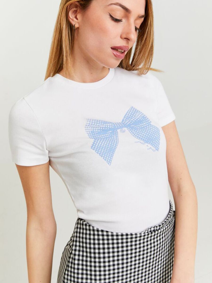 T-shirt da donna in cotone elasticizzato bianca con fiocco_2
