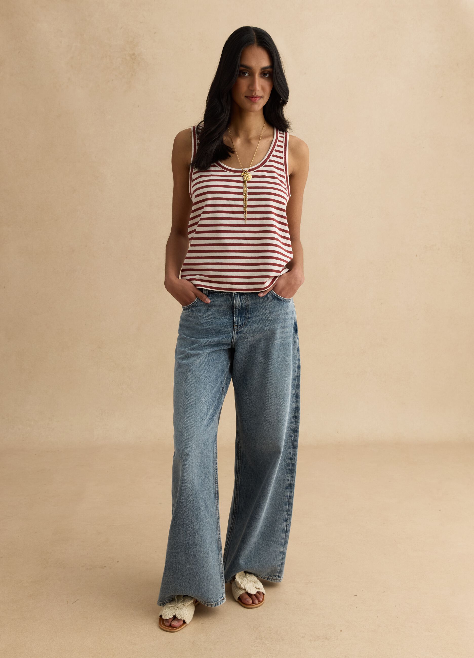 Multicolour striped regular fit cotton and linen tank top
