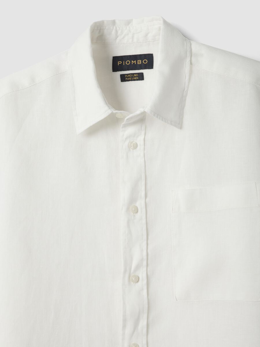 Camicia a maniche corte in puro lino bianca regular fit con taschino_5