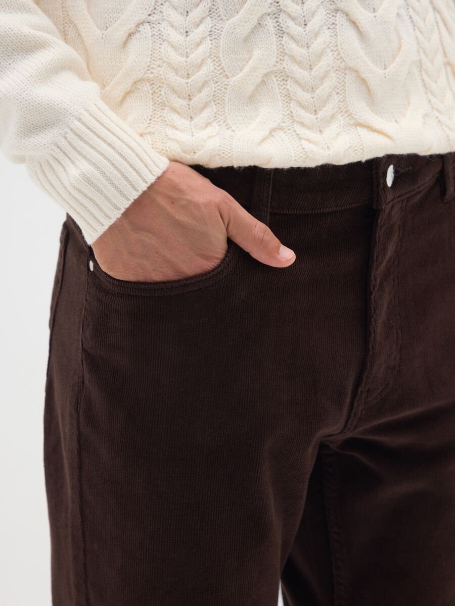 Brown slim fit ribbed stretch cotton trousers_3