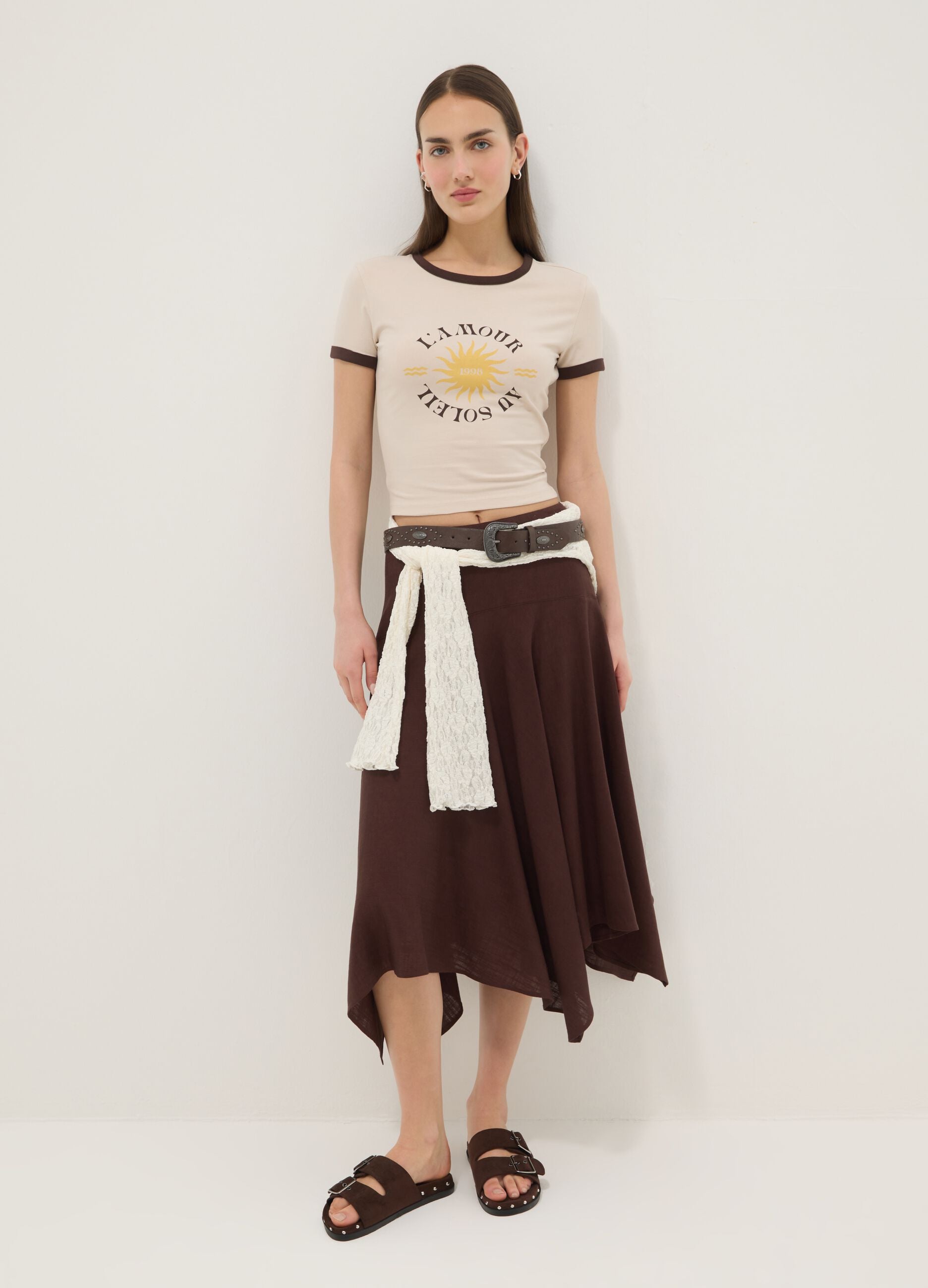White stretch cotton regular-fit T-shirt with print