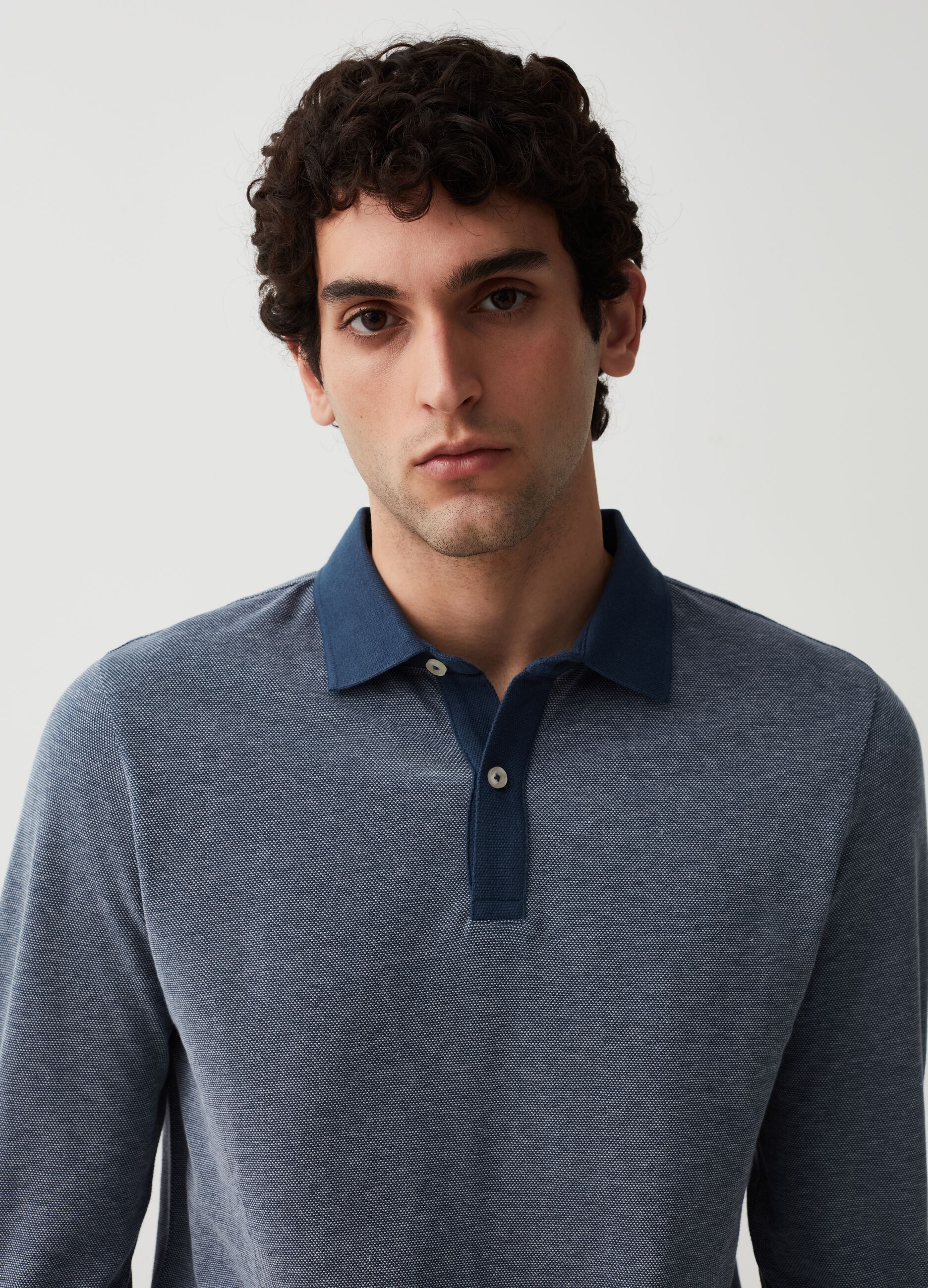 Long-sleeved polo shirt with jacquard weave