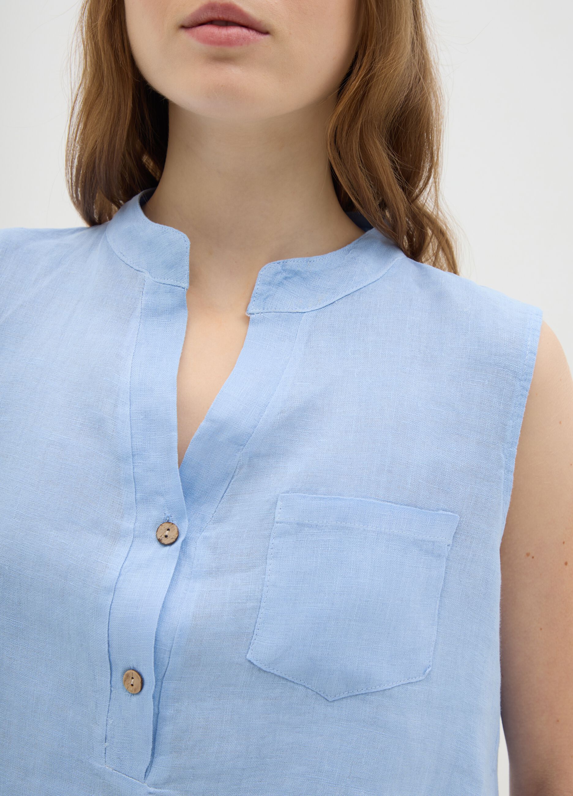 Women's Sleeveless Linen Blue Shirt Regular Fit