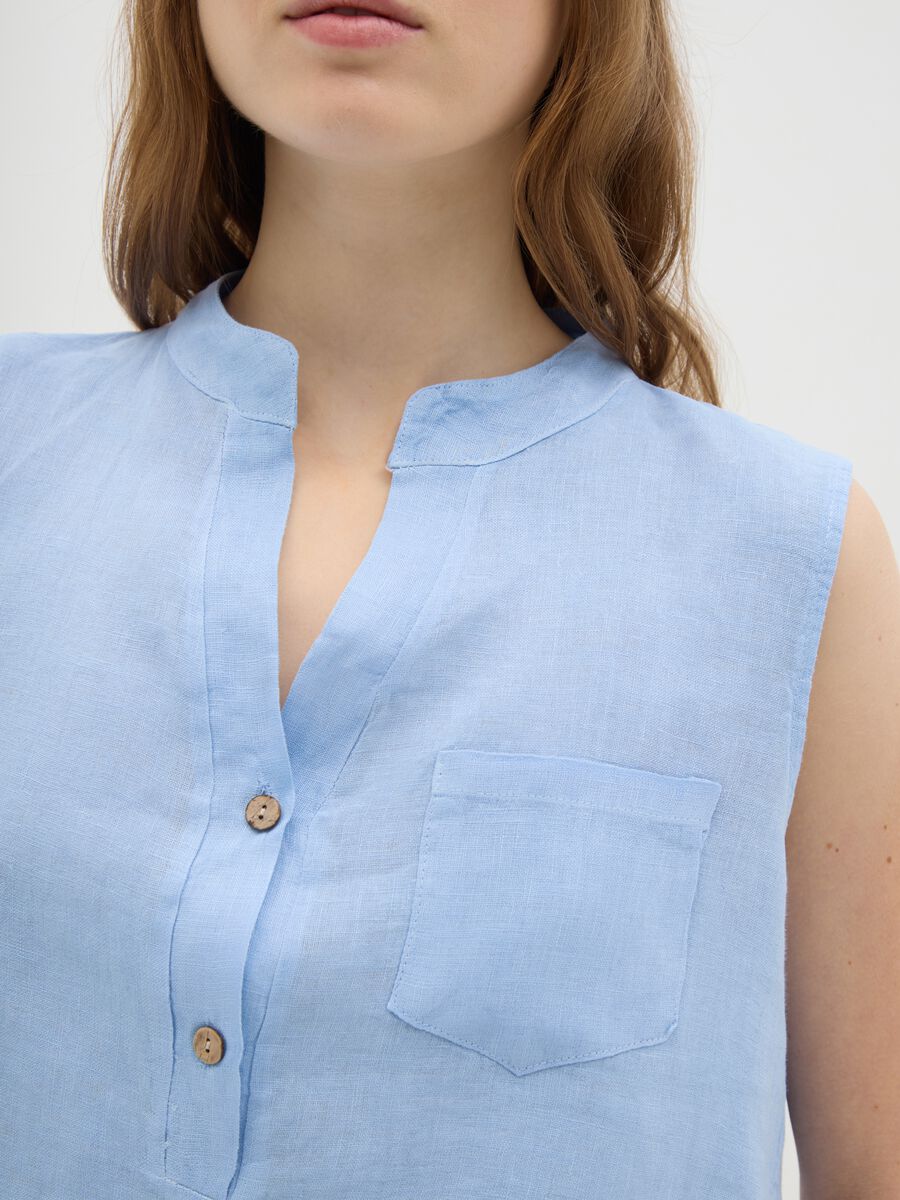 Women's Sleeveless Linen Blue Shirt Regular Fit_2