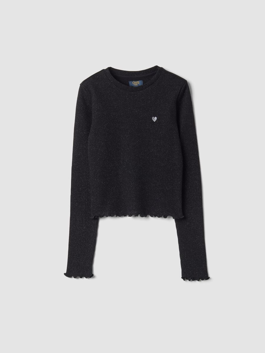 T-shirt nera girocollo in misto cotone a costine_0