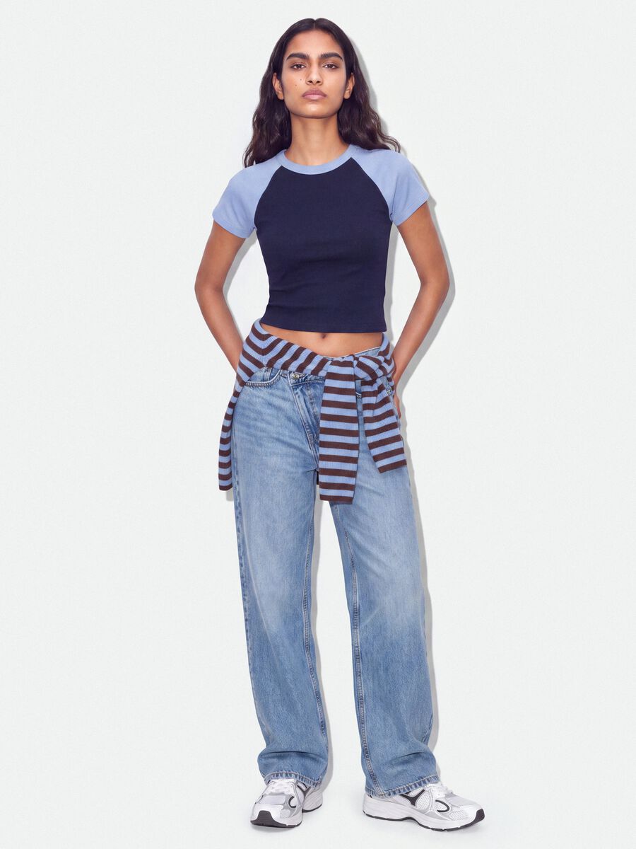 Blue stretch cotton crew-neck T-shirt with contrast sleeves_1