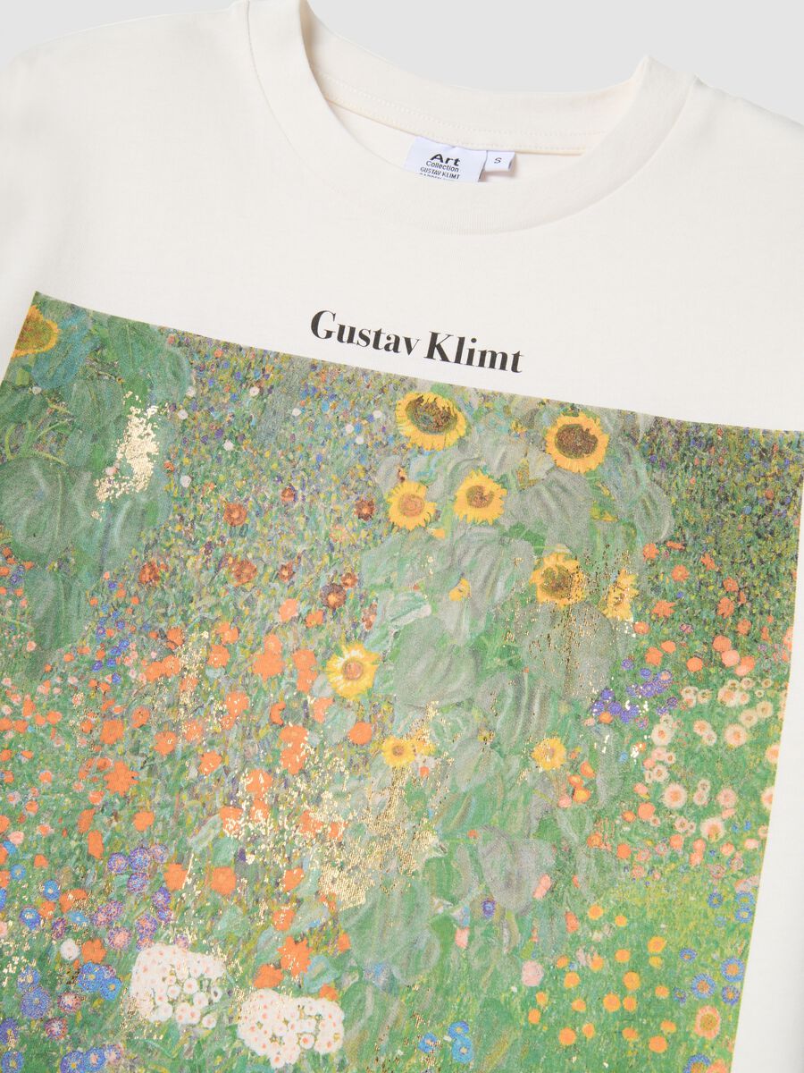 White regular fit pure cotton T-shirt with Klimt print_1