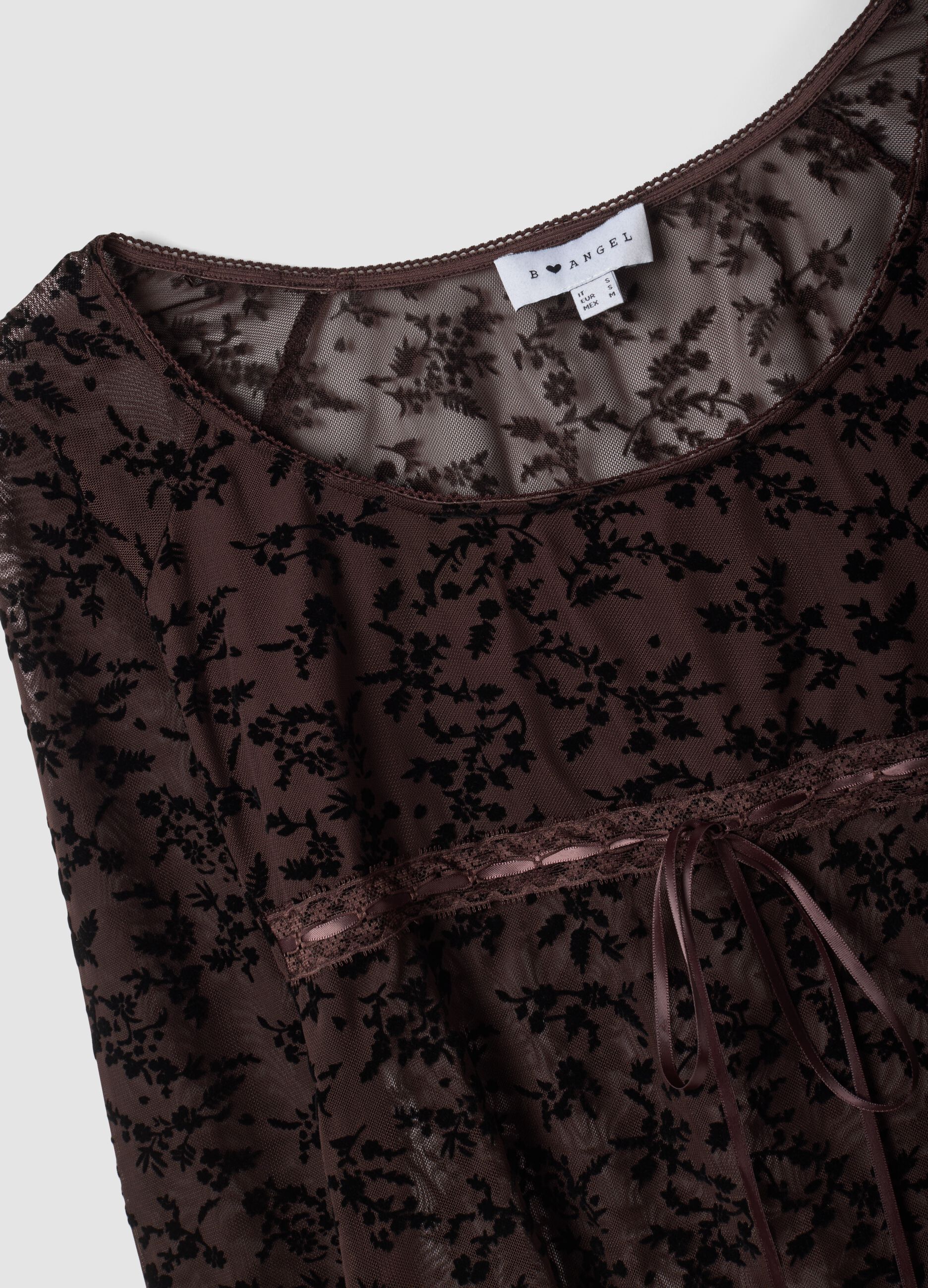 Brown stretch T-shirt with flocked floral pattern