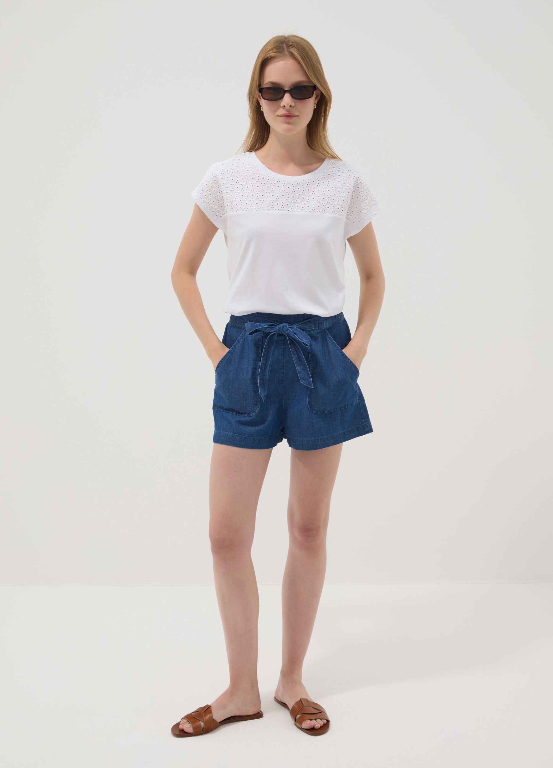 Blue pure cotton denim shorts with elasticated waist, regular fit