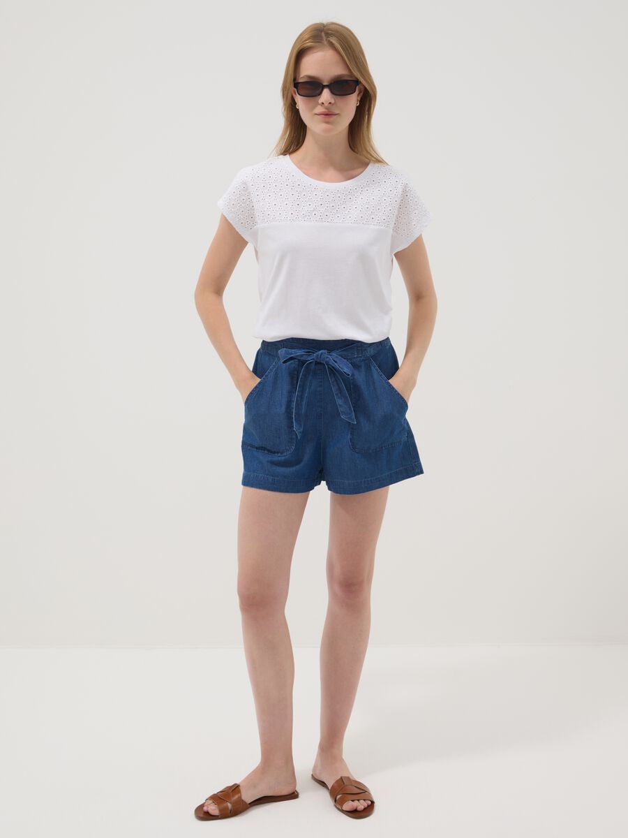 Blue pure cotton denim shorts with elasticated waist, regular fit_0