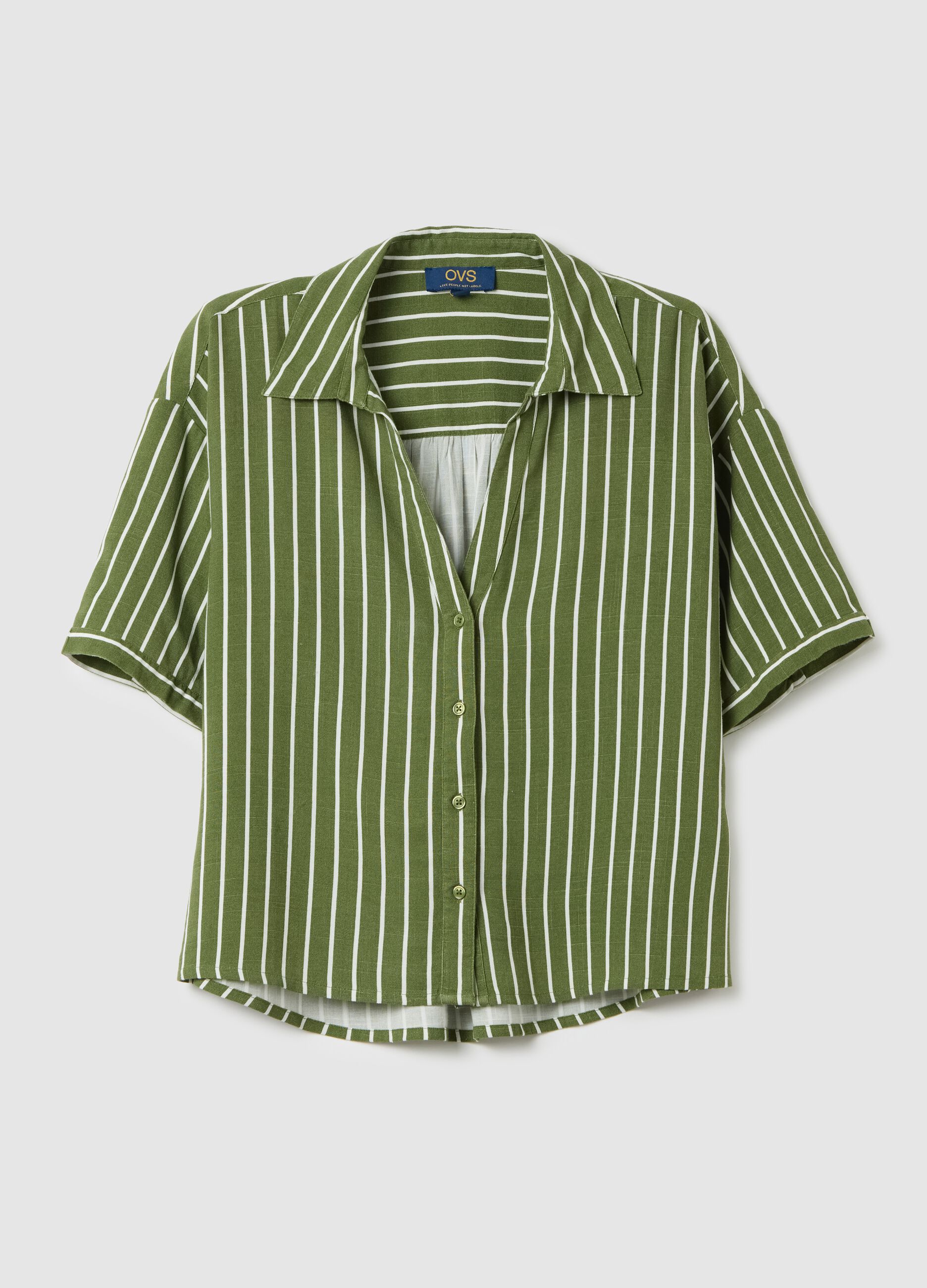 Green striped shirt in viscose and linen