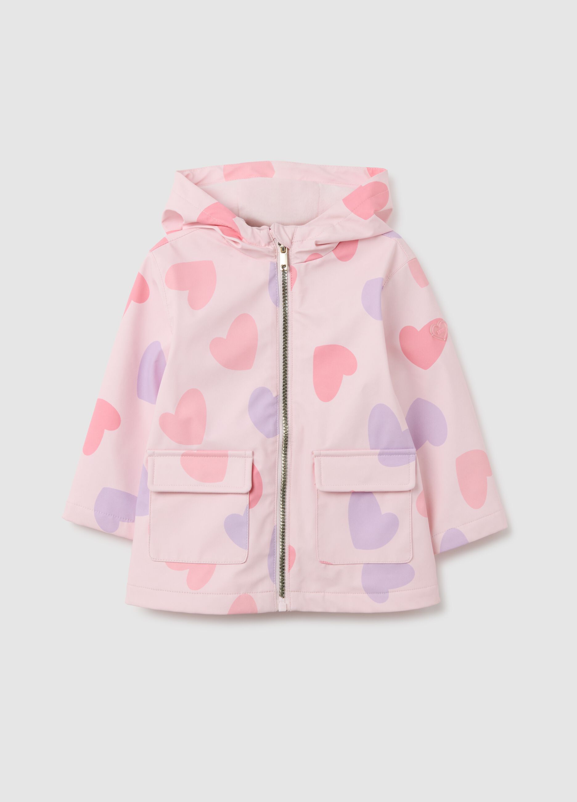 Girl's regular fit pink raincoat with hearts