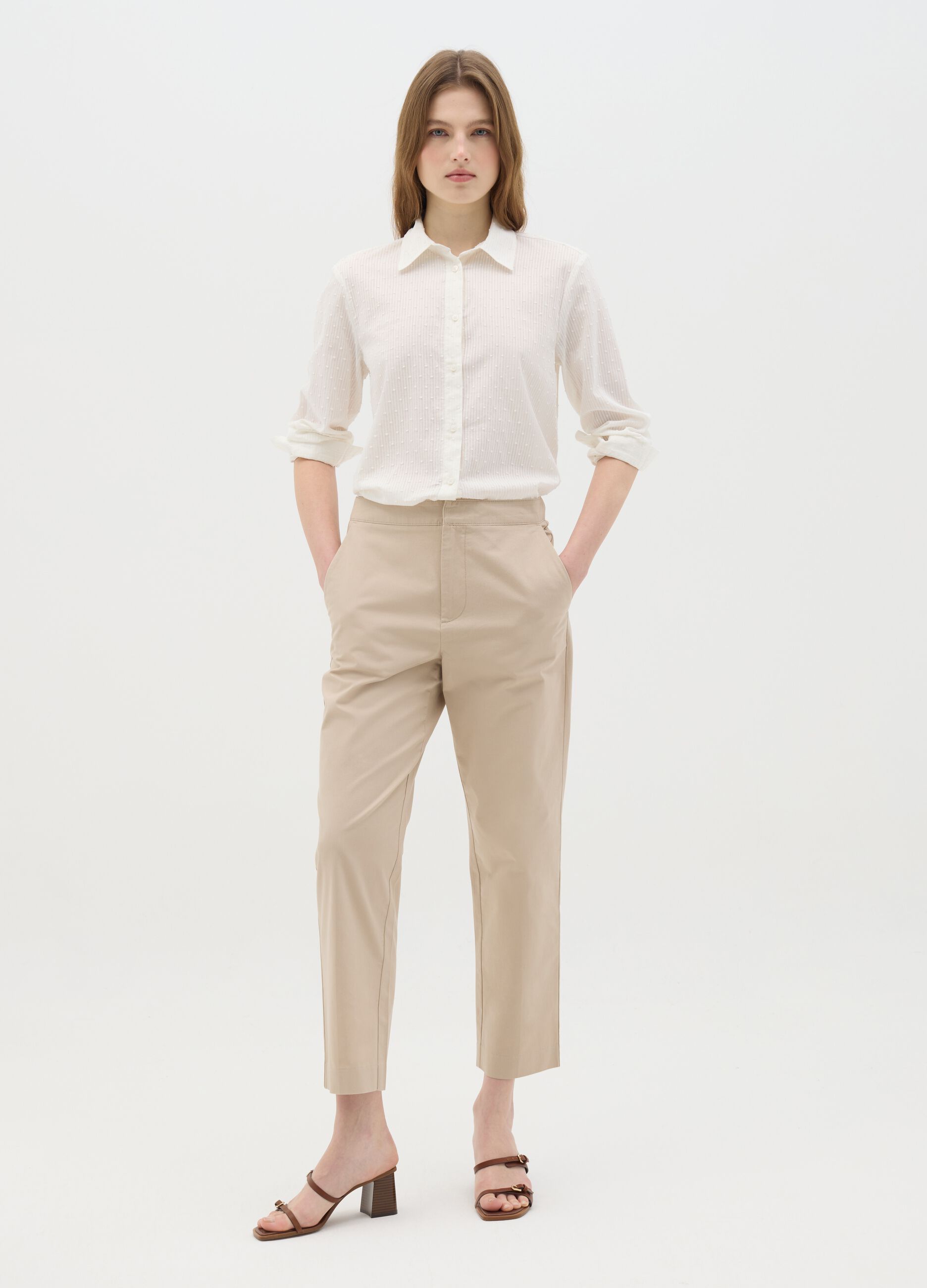 Women's beige regular fit pure cotton trousers with high waist