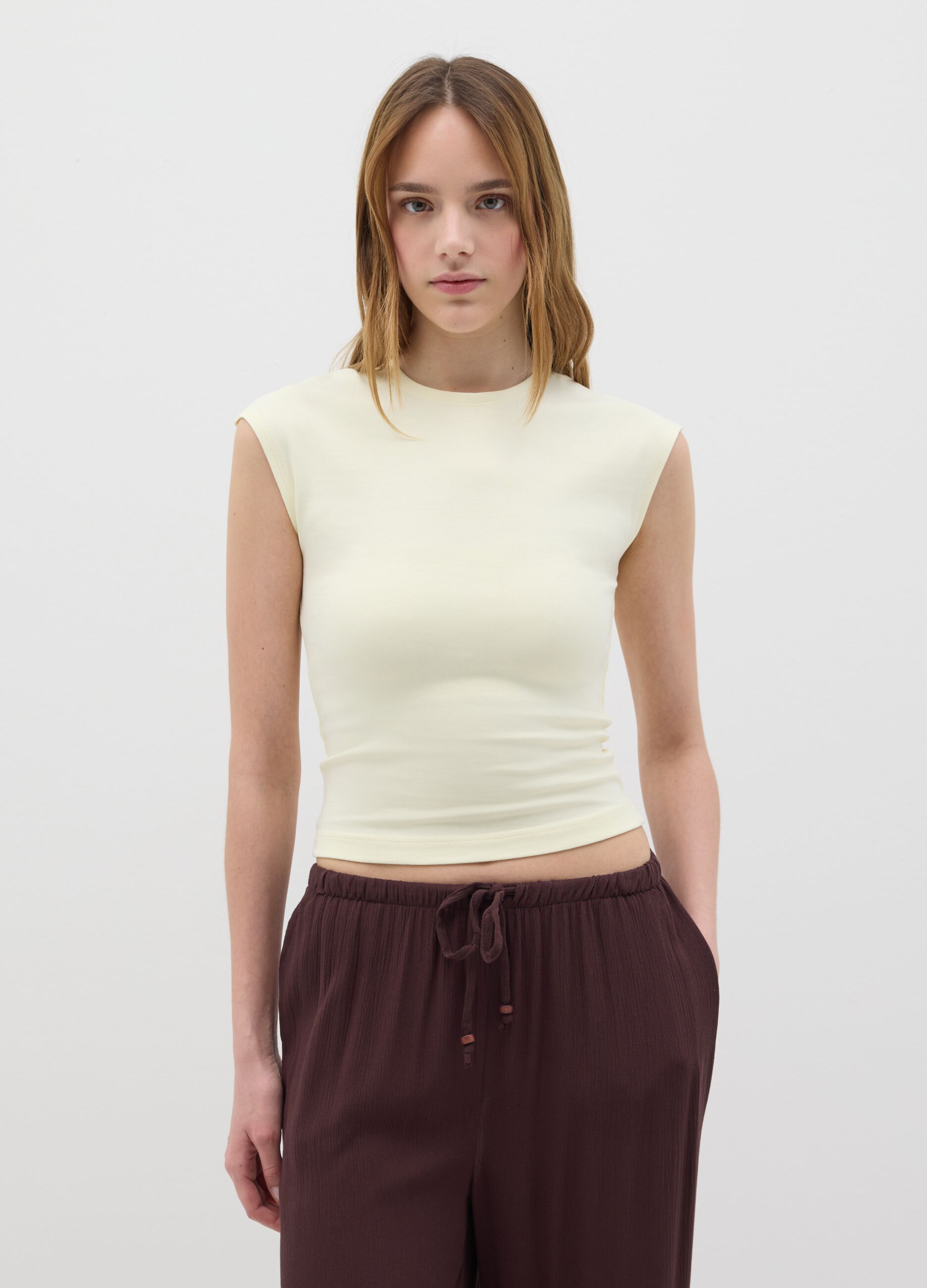 Women's beige fitted vest top in stretch cotton