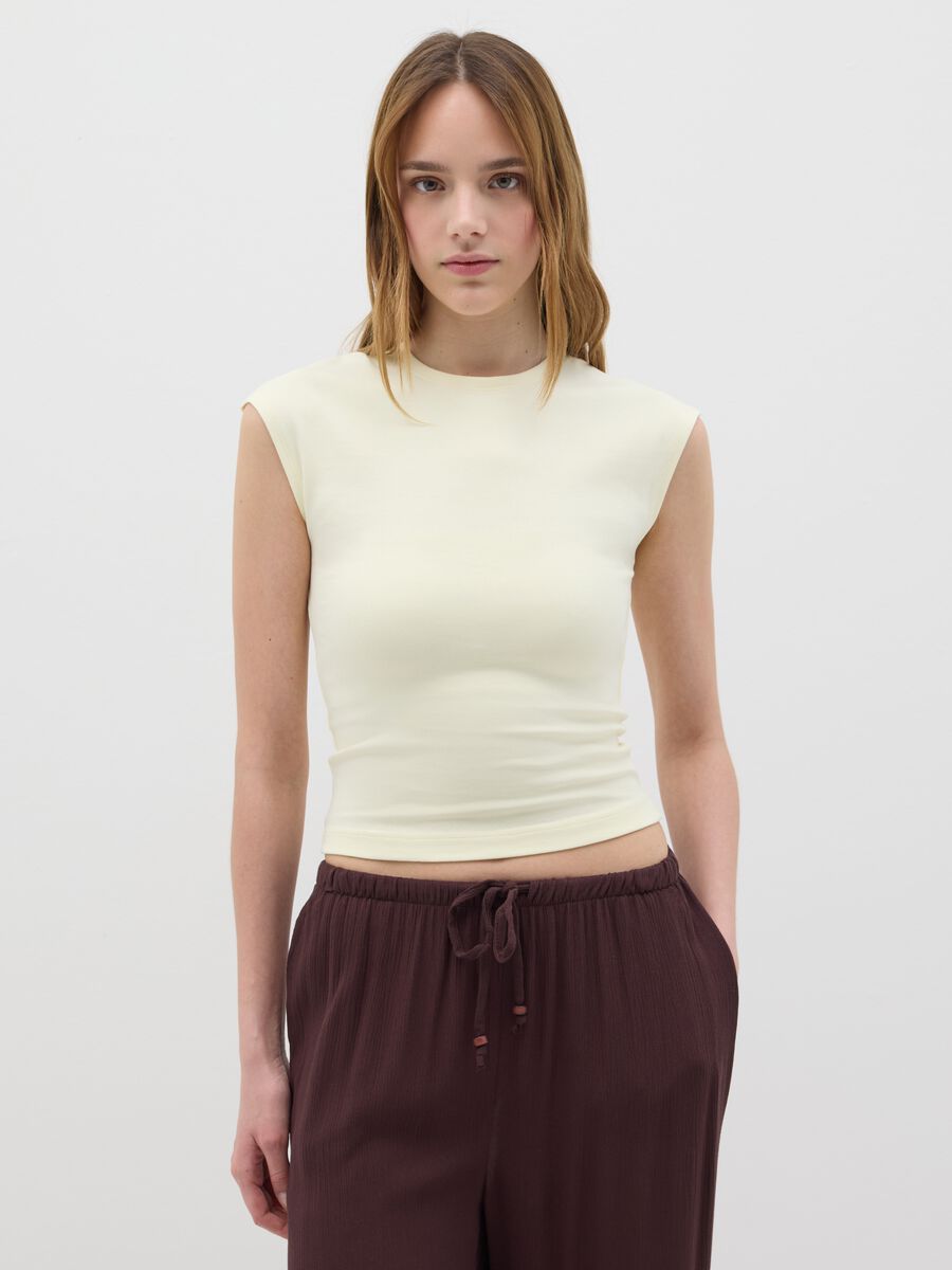Women's beige fitted vest top in stretch cotton_0